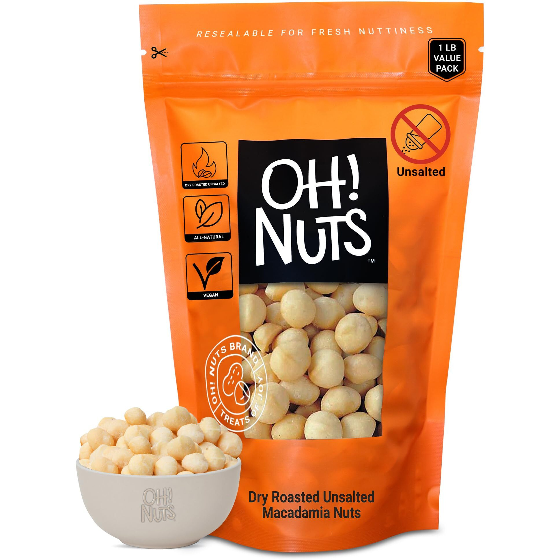 Oh Nuts Macadamia Nuts - 1 Lb - Dry Roasted Unsalted Macadamia Nuts - Oven Roasted - No Oil - Packed In New York Zip-Seal Bag For Exceptional Freshness