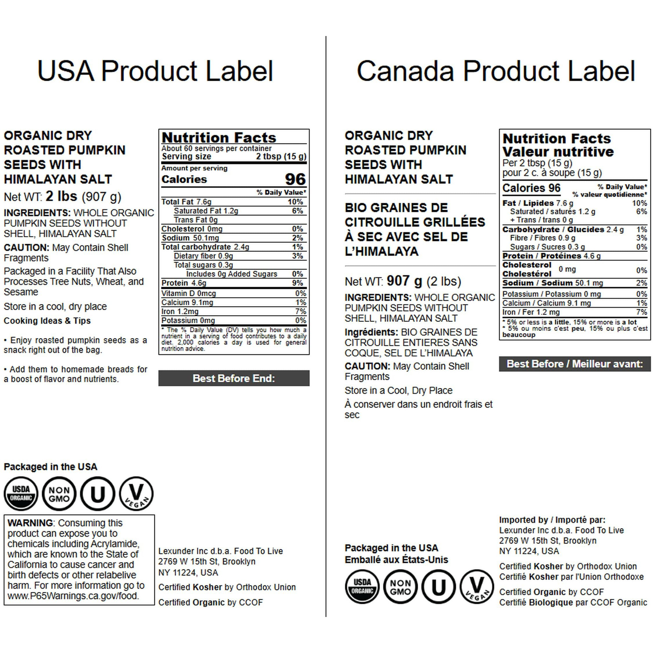 Food To Live Organic Dry Roasted Pumpkin Seed Kernels With Himalayan Salt, 2 Pounds Non-Gmo, Oven Roasted Whole Pepitas, No Oil Added, Shelled, Vegan, Kosher, Bulk