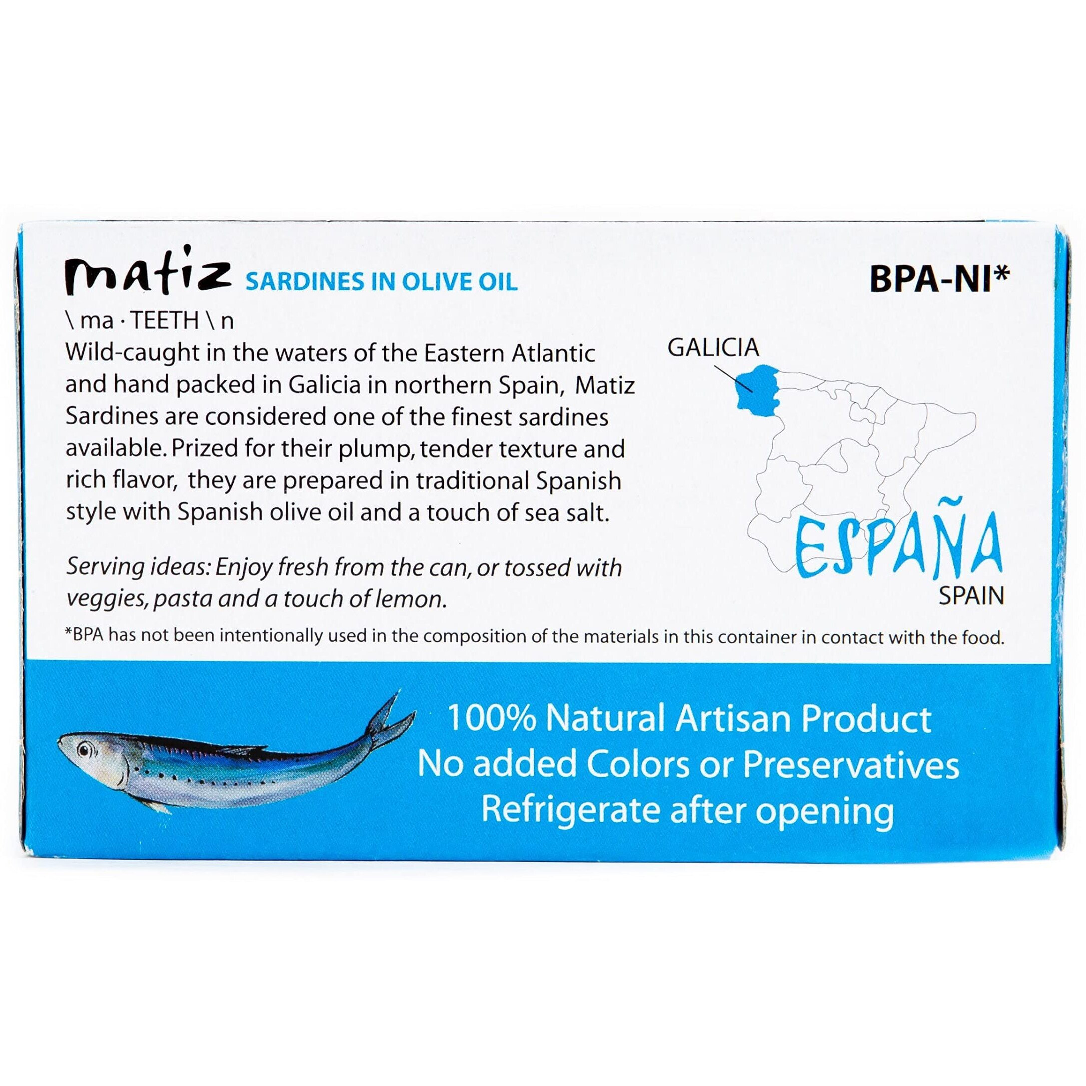 Matiz Sardines In Olive Oil, 4.2 Ounce Can (Pack Of 12) Spanish Gourmet Wild Caught Natural Fish For Tapas, Snacks, Or Meals, Protein Rich, Sealed Freshness