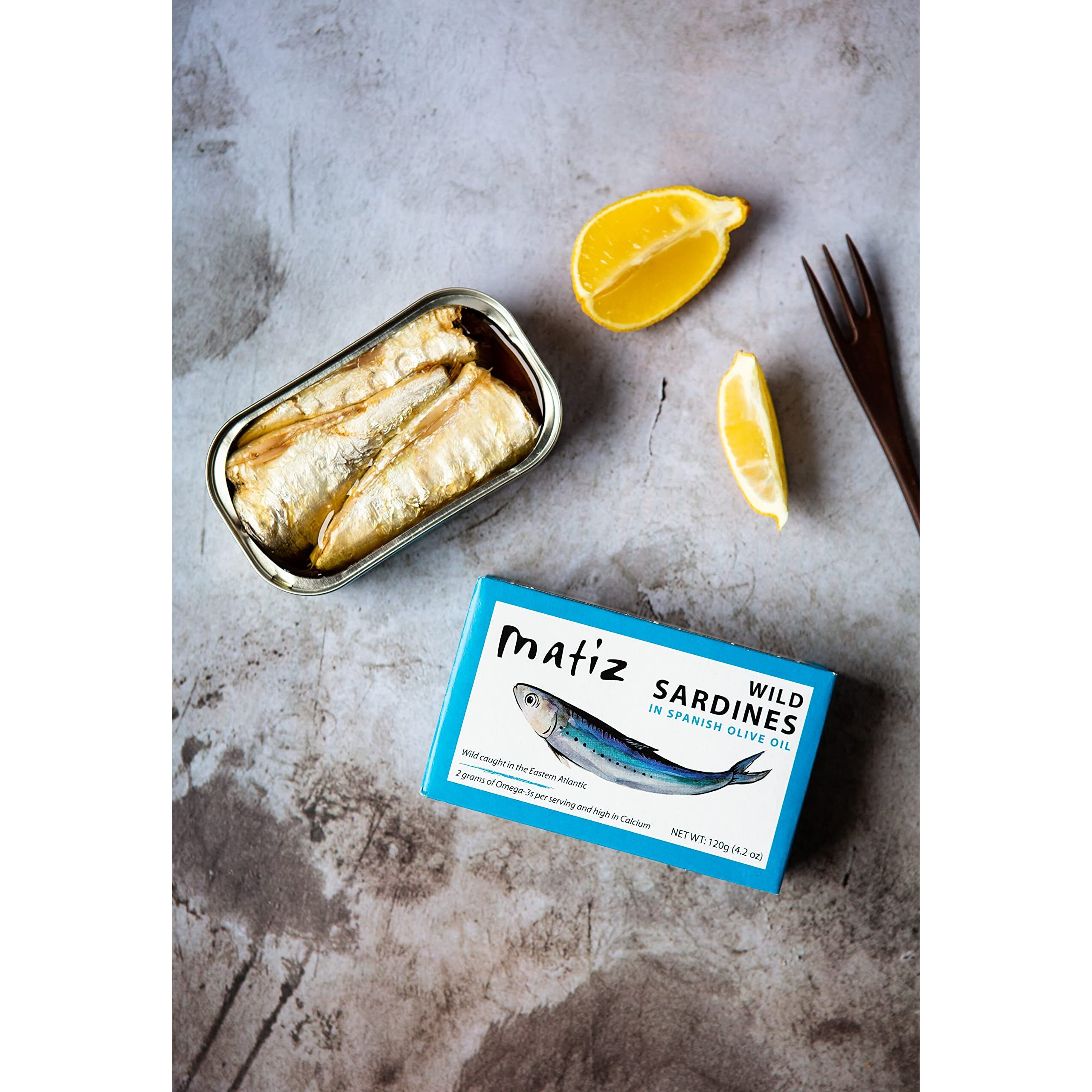 Matiz Sardines In Olive Oil, 4.2 Ounce Can (Pack Of 12) Spanish Gourmet Wild Caught Natural Fish For Tapas, Snacks, Or Meals, Protein Rich, Sealed Freshness