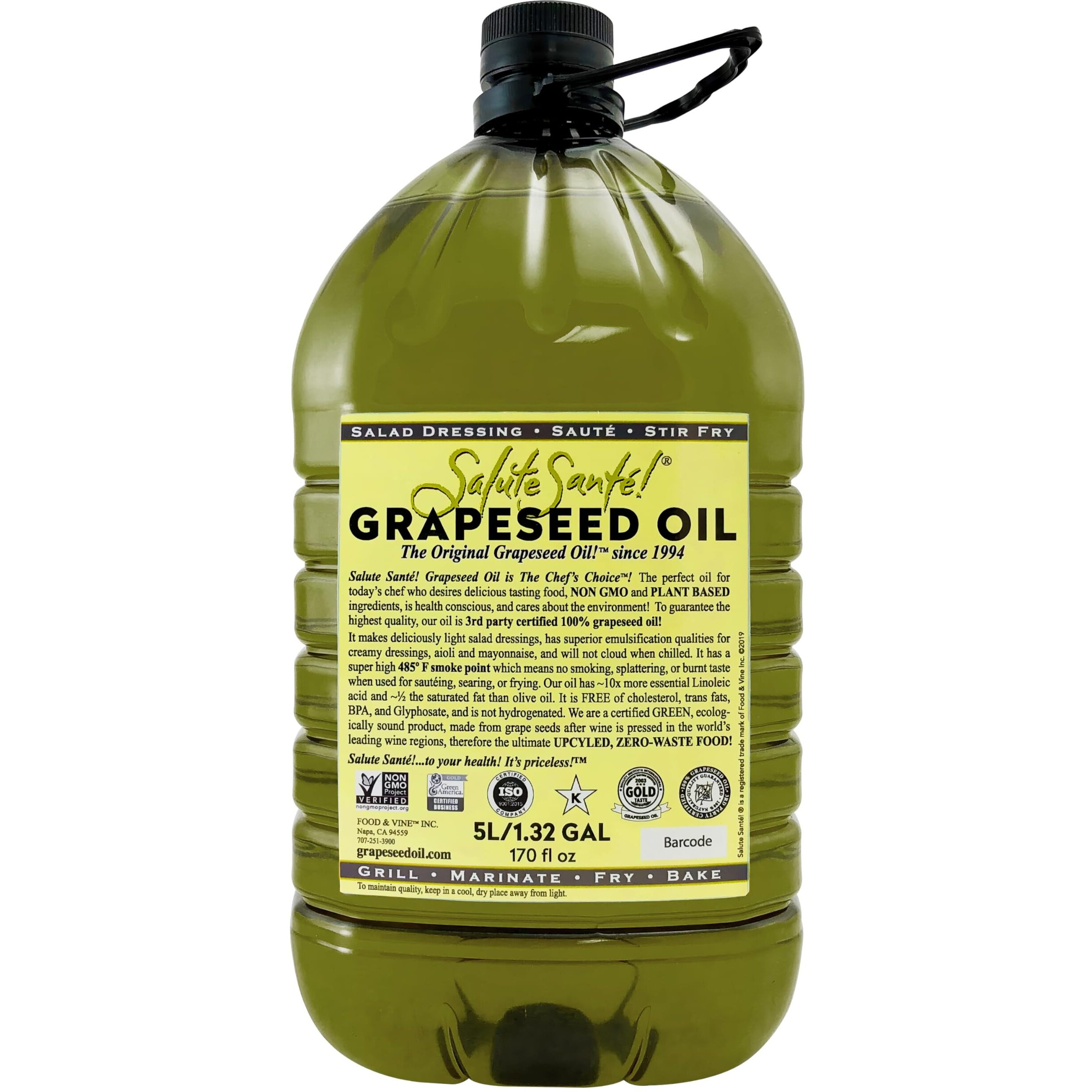 Grapeseed Oil - Cold Pressed & 100% Grape Oil | Good Inside And Out    Beauty & Cooking Oil | High-Heat, Non-Gmo, Kosher, Vegan | For Skincare, Hair, Massage, Soap & Gourmet Recipes | 5 Liter Jug