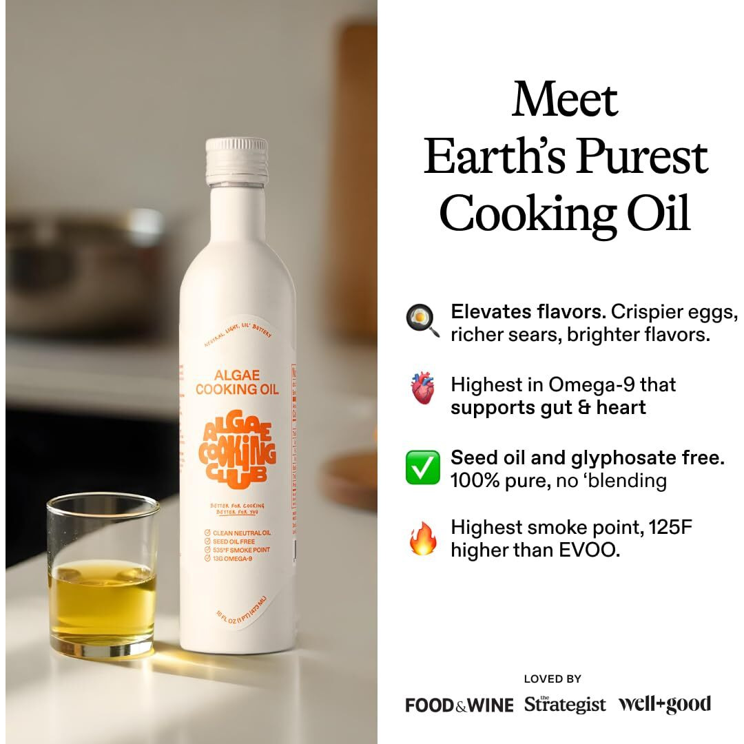 Algae Cooking Club Chef-Grade 100% Algae Cooking Oil - High Smoke Point 535F - Rich In Omega-9, Neutral Buttery Flavor - Seed-Oil Free - Perfect For Searing, Baking, Frying & Dressings (16 Fl Oz)