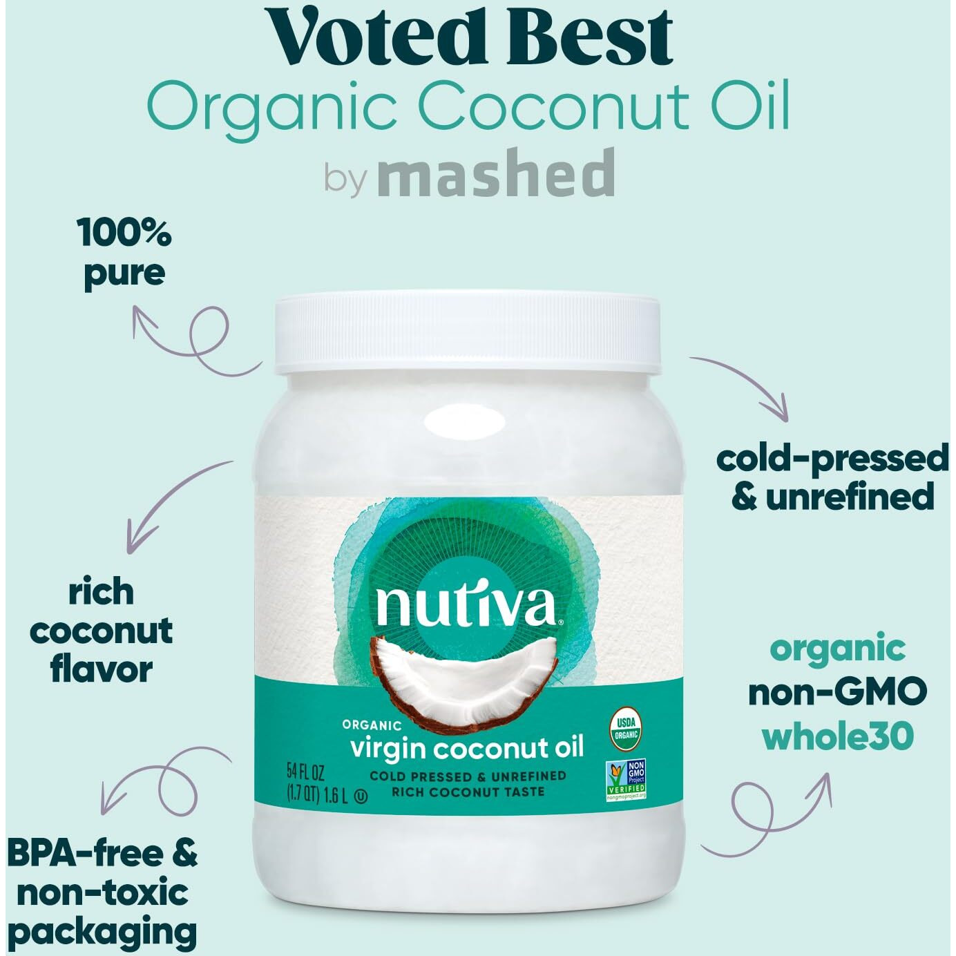 Nutiva Organic Coconut Oil 54 Fl Oz, Cold-Pressed, Unrefined Cooking Oil, Natural Hair Oil, Skin Oil, Massage Oil, Usda Organic, Extra Virgin Coconut Oil (Aceite De Coco) (Pack Of 2)