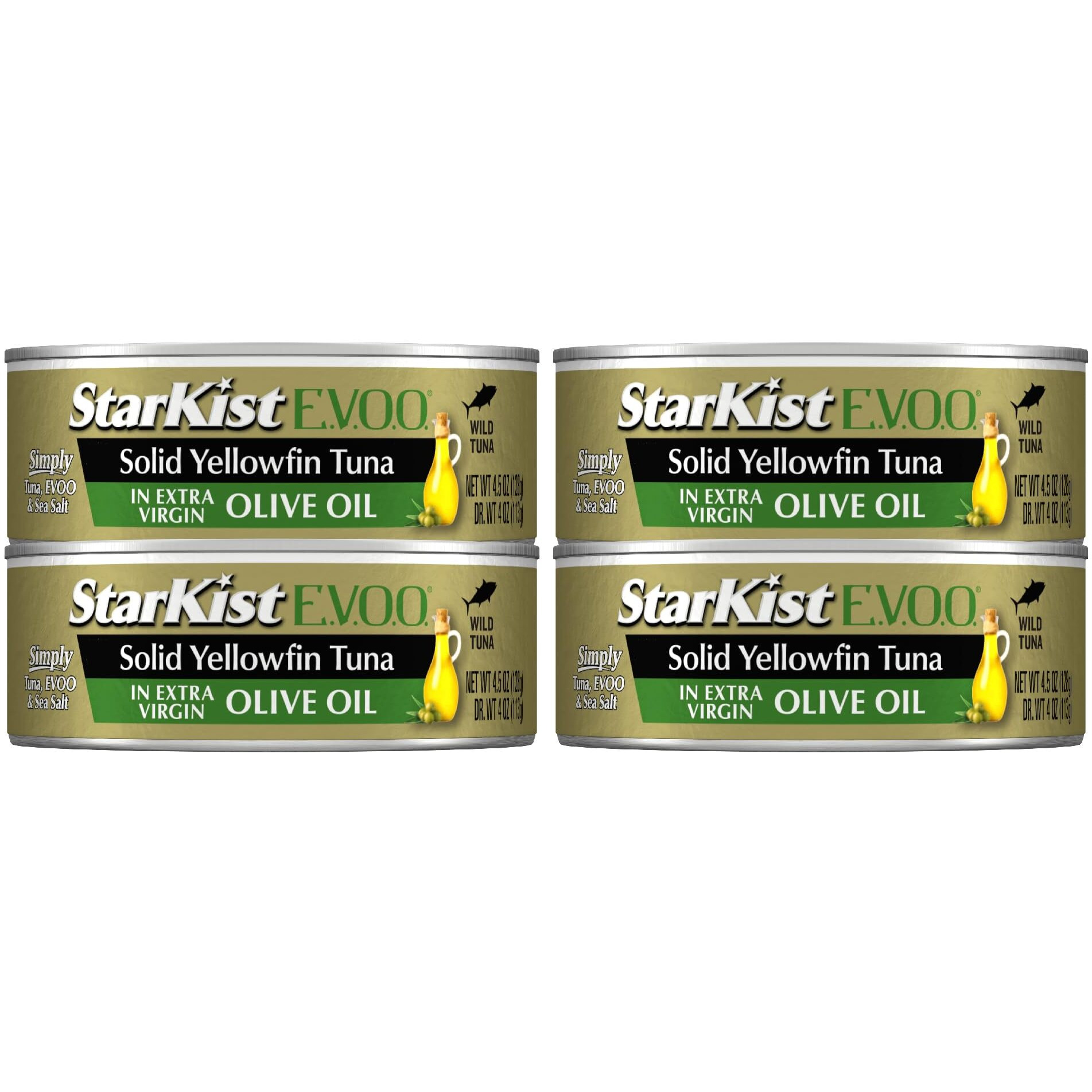 Starkist E.V.O.O. Solid Yellowfin Tuna In Extra Virgin Olive Oil, 4.5 Oz (4 Pack) Canned Tuna Fish, Wild Caught, Gluten Free, Ready To Eat, Perfect For Salads, Keto Meals And Snacks