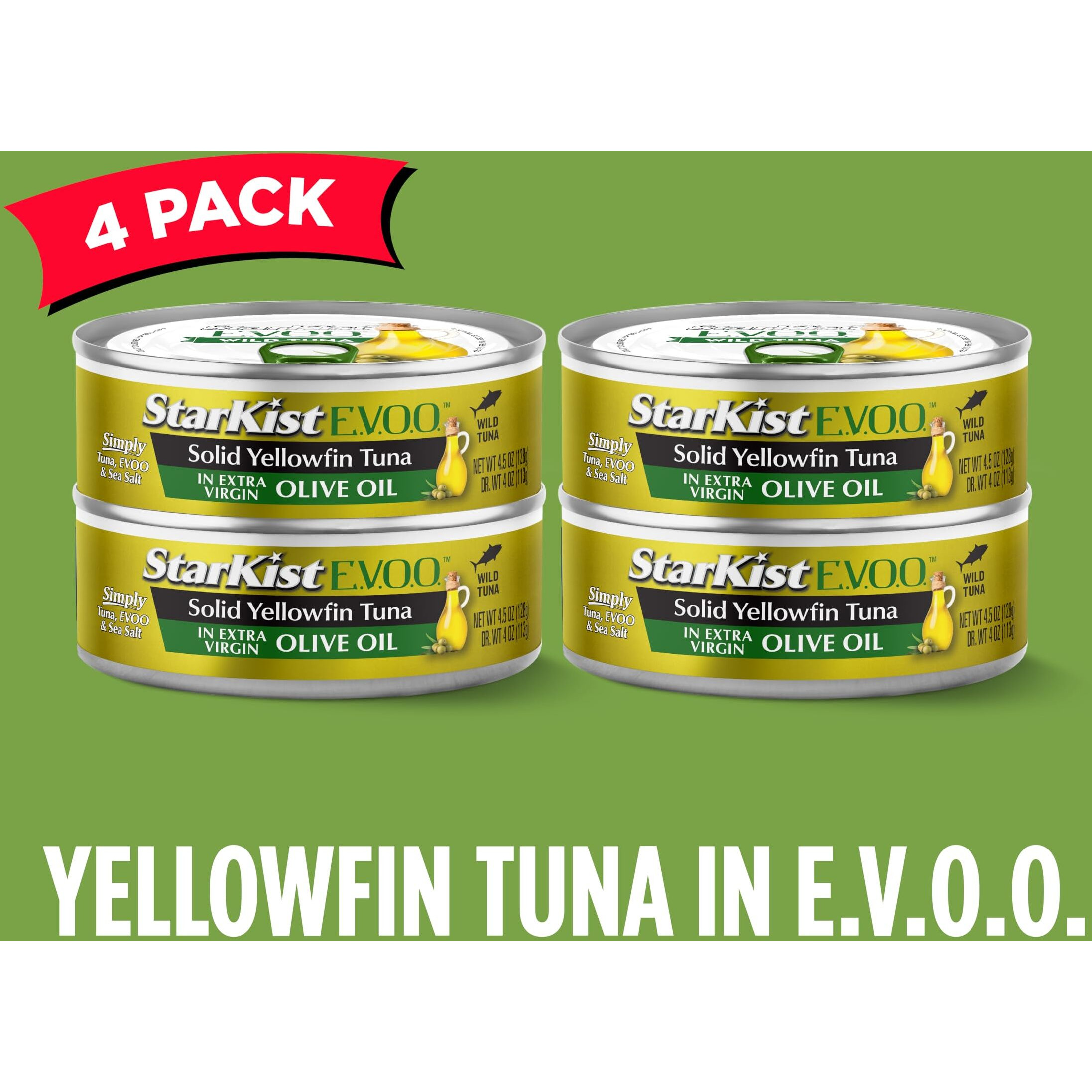 Starkist E.V.O.O. Solid Yellowfin Tuna In Extra Virgin Olive Oil, 4.5 Oz (4 Pack) Canned Tuna Fish, Wild Caught, Gluten Free, Ready To Eat, Perfect For Salads, Keto Meals And Snacks