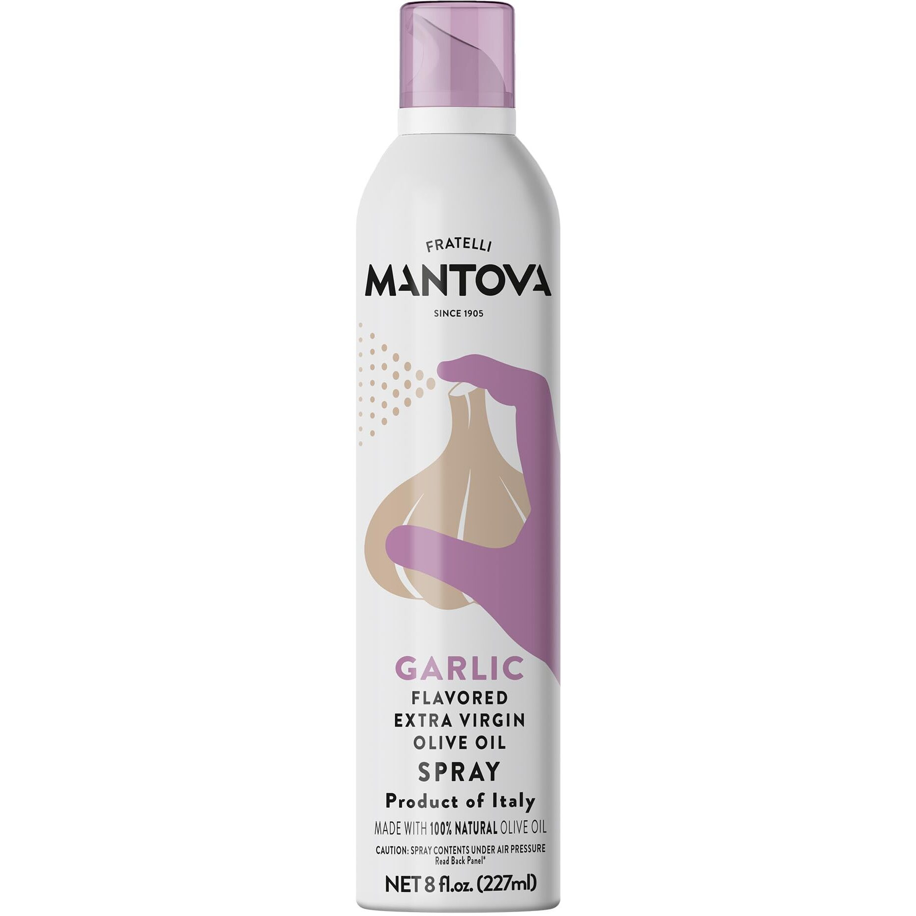 Mantova Extra Virgin Olive Oil Spray Garlic Flavored 8 Oz. Spray Bottle - Manage Oil Amount - Great For Salads & Cooking