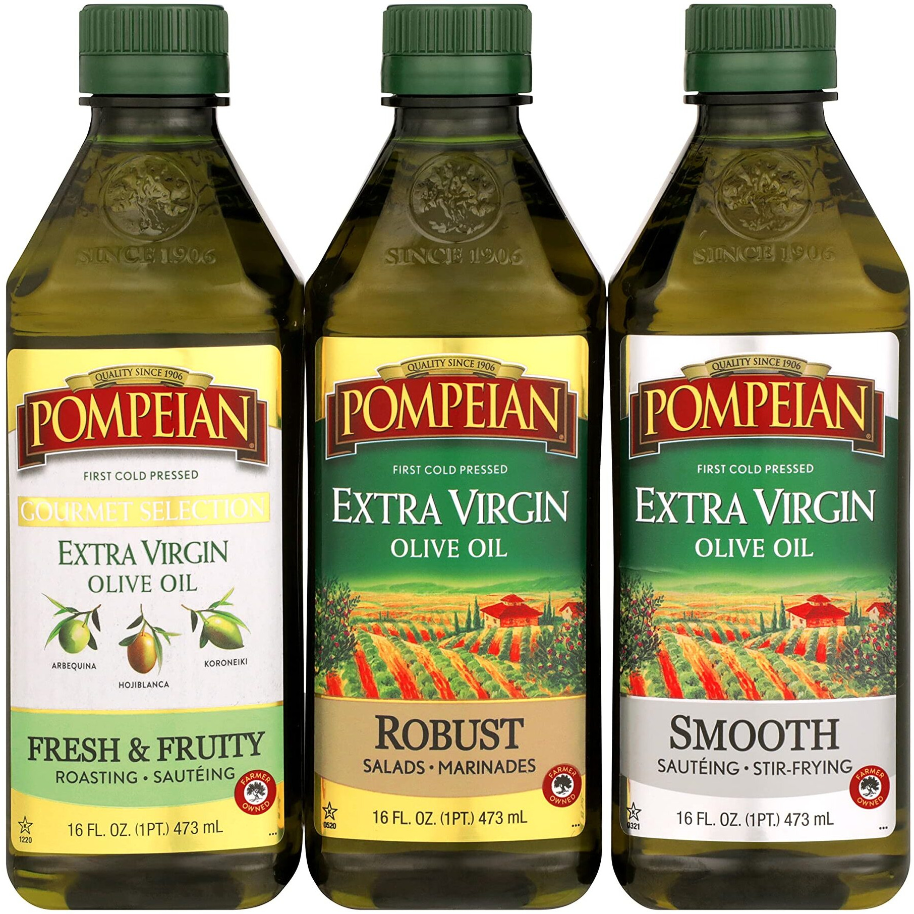 Pompeian Extra Virgin Olive Oil Variety Pack - Smooth Evoo, Gourmet Selection Evoo, Robust Evoo, Contains Polyphenols, First Cold Pressed, 16 Fl Oz, Pack Of 3