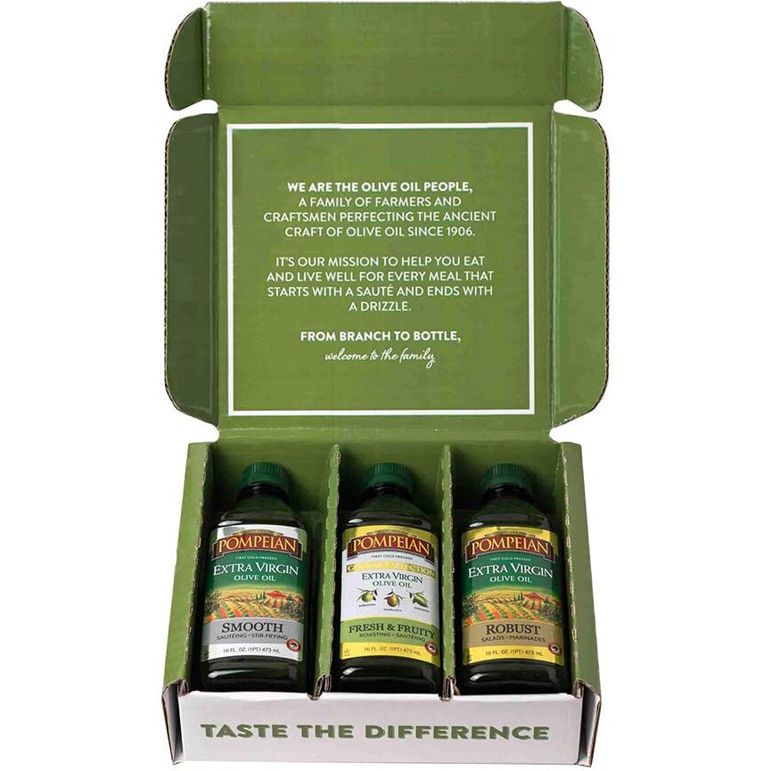 Pompeian Extra Virgin Olive Oil Variety Pack - Smooth Evoo, Gourmet Selection Evoo, Robust Evoo, Contains Polyphenols, First Cold Pressed, 16 Fl Oz, Pack Of 3