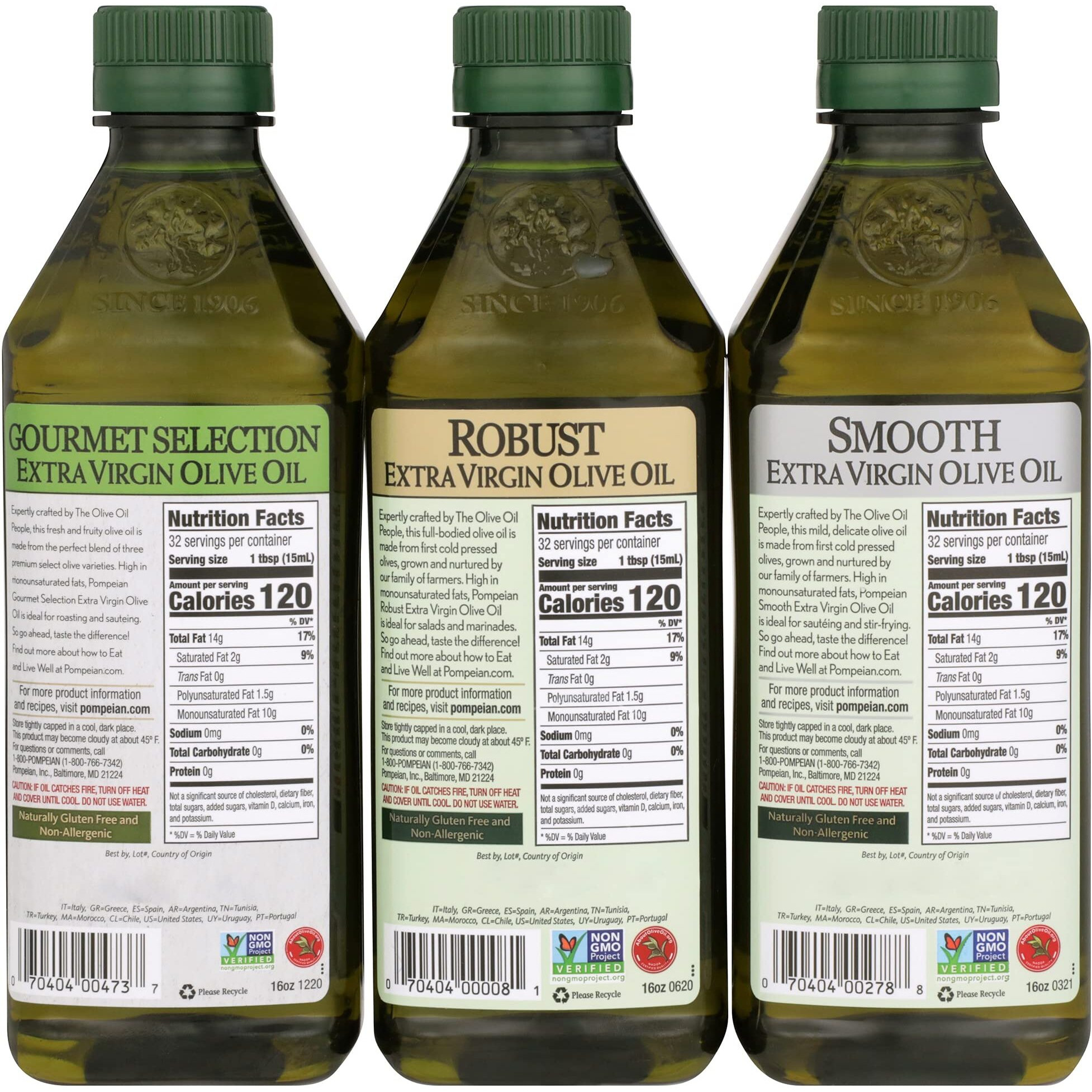 Pompeian Extra Virgin Olive Oil Variety Pack - Smooth Evoo, Gourmet Selection Evoo, Robust Evoo, Contains Polyphenols, First Cold Pressed, 16 Fl Oz, Pack Of 3