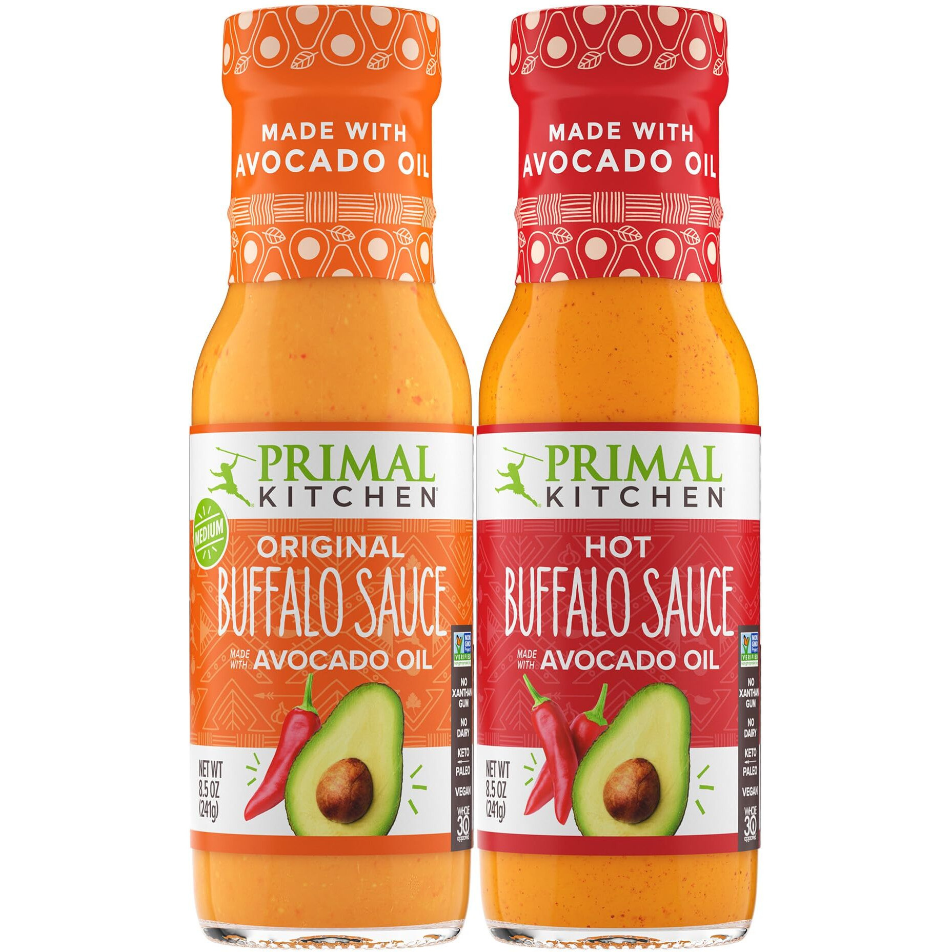 Primal Kitchen No-Dairy Buffalo Sauce Variety 2-Pack, Made With Avocado Oil And Real Ingredients, Includes 1 Original & 1 Hot Buffalo Sauce
