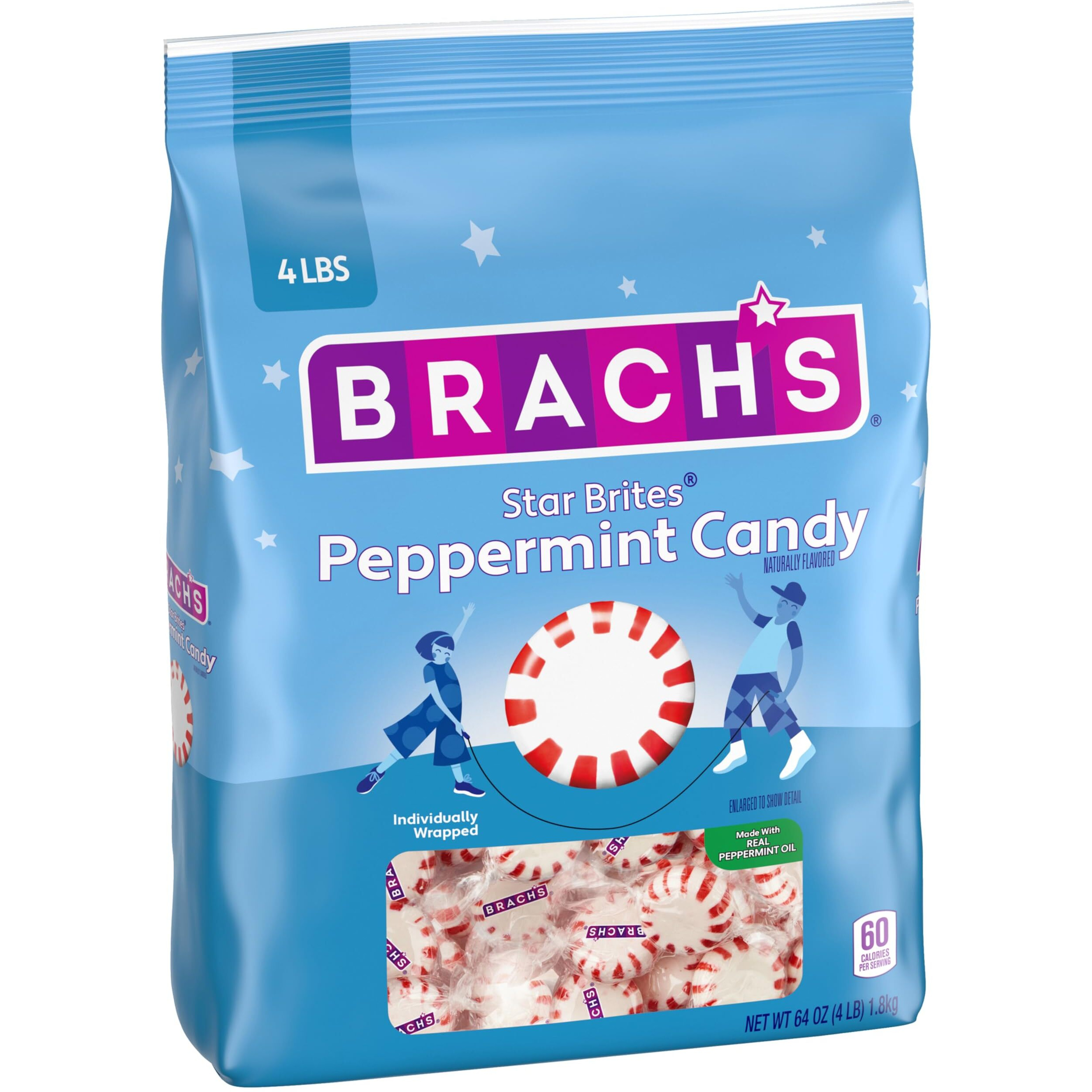 Brach's Star Brites, Candy, Peppermint, Individually Wrapped, Made With Real Peppermint Oil, 4 Lbs, 360 Ct