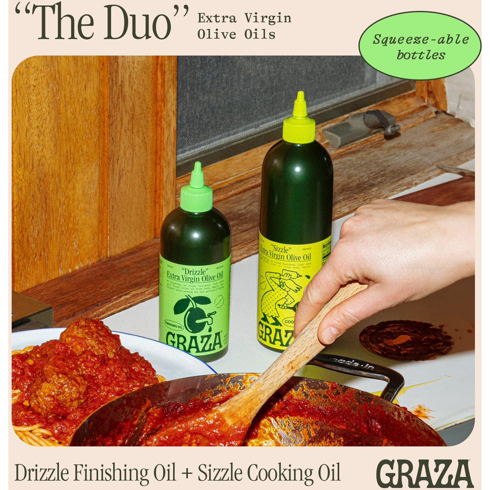 Graza Extra Virgin Olive Oil Variety Pack, Sizzle & Drizzle - High Polyphenol Peak Harvest Evoo Cooking & Finishing Oil In A Squeeze Bottle - Single Farm Olives From Spain
