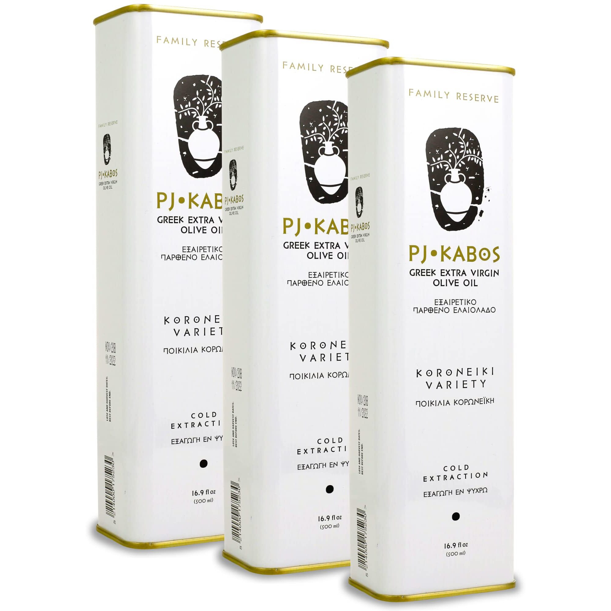 P.J. Kabos 2024/25 Harvest, High Phenolic (450+Mg/Kg), Premium Greek Extra Virgin Olive Oil, Kosher, Greece, Cold Extracted, 3 X 16.9 Oz Tin, Koroneiki, "&quotFamily Reserve - Medium""