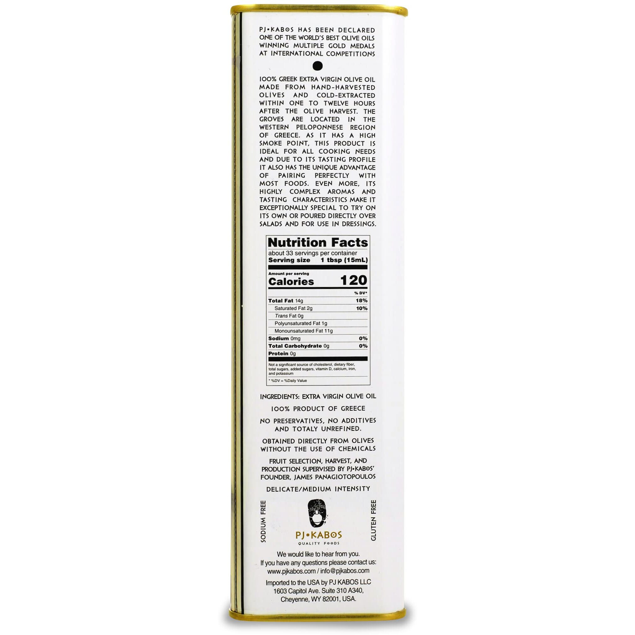 P.J. Kabos 2024/25 Harvest, High Phenolic (450+Mg/Kg), Premium Greek Extra Virgin Olive Oil, Kosher, Greece, Cold Extracted, 3 X 16.9 Oz Tin, Koroneiki, "&quotFamily Reserve - Medium""