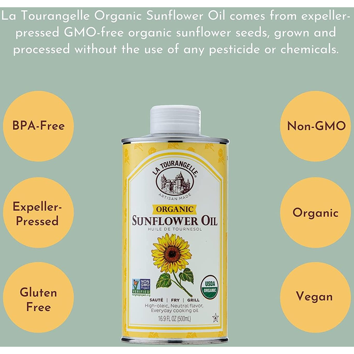 La Tourangelle, Organic High Oleic Sunflower Oil, Neutral Oil For Medium To High Heat Cooking And Skin Care, Non Gmo, Pesticide And Chemical Free, 33.8 Fl Oz