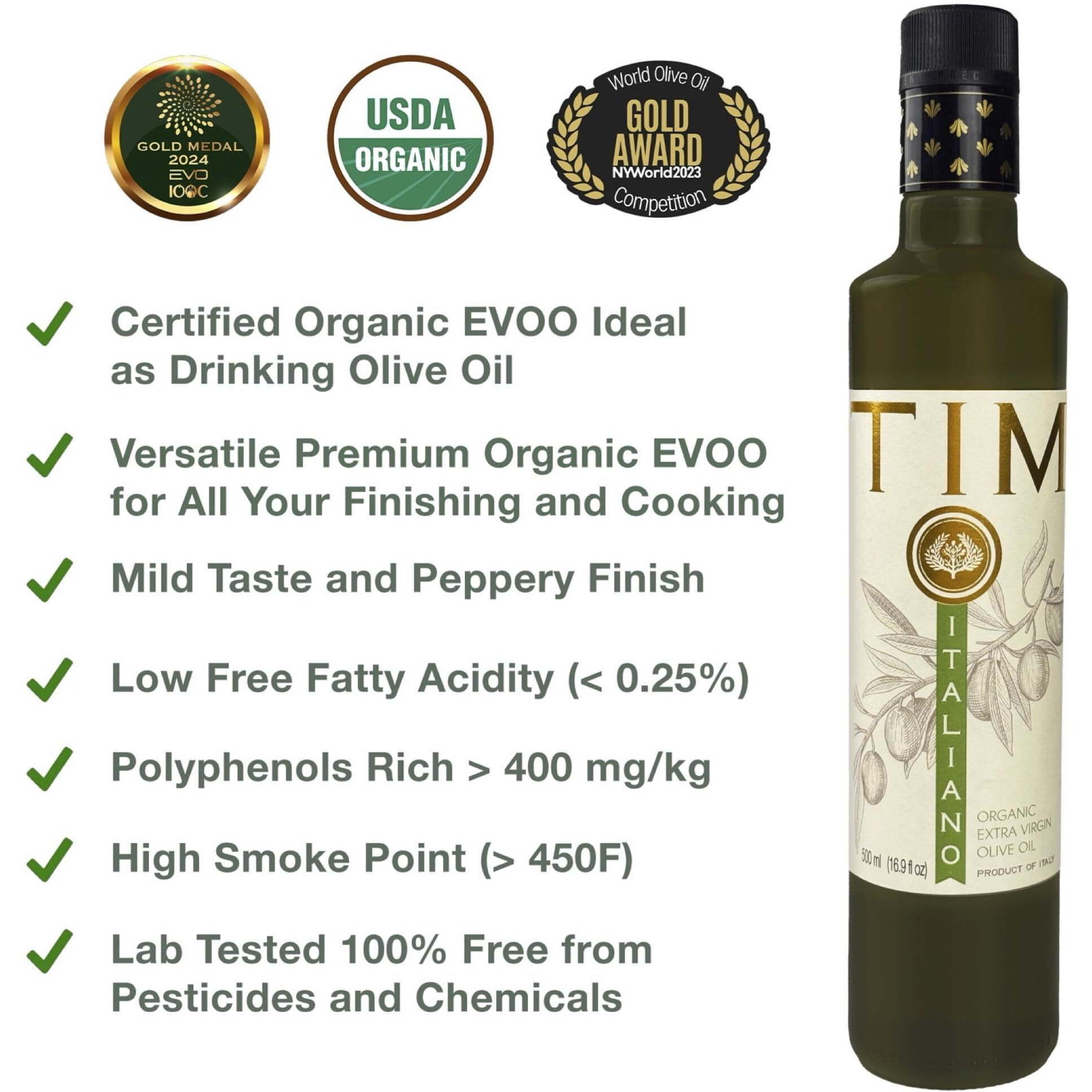 Entimio Italiano Premium Drinking Organic Extra Virgin Olive Oil, 400+ Mg/Kg Polyphenol Rich, New 2024-2025 Harvest, Gold Award, Italian Olive Oil From Italy, Cold Pressed For Cooking And Finishing