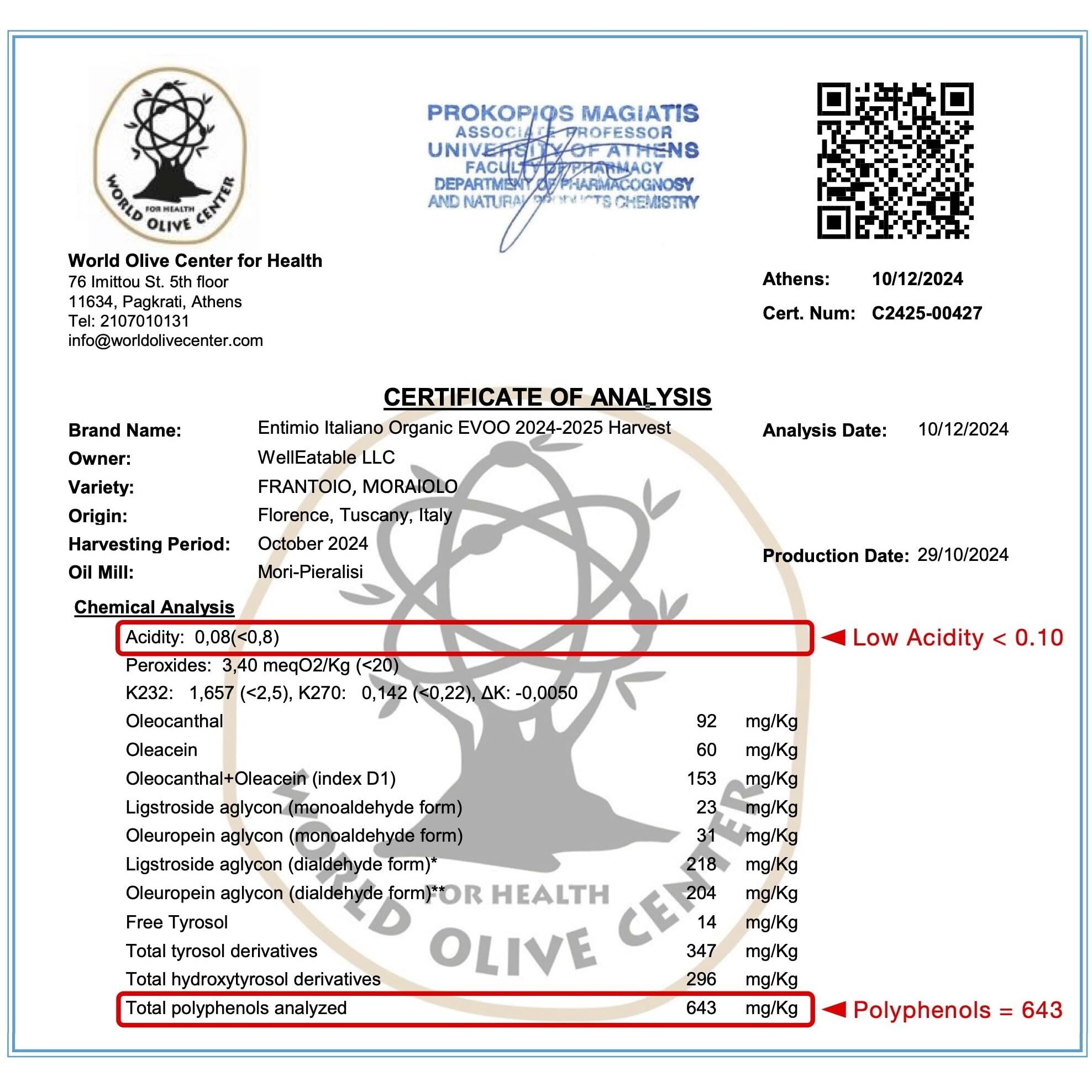 Entimio Italiano Premium Drinking Organic Extra Virgin Olive Oil, 400+ Mg/Kg Polyphenol Rich, New 2024-2025 Harvest, Gold Award, Italian Olive Oil From Italy, Cold Pressed For Cooking And Finishing