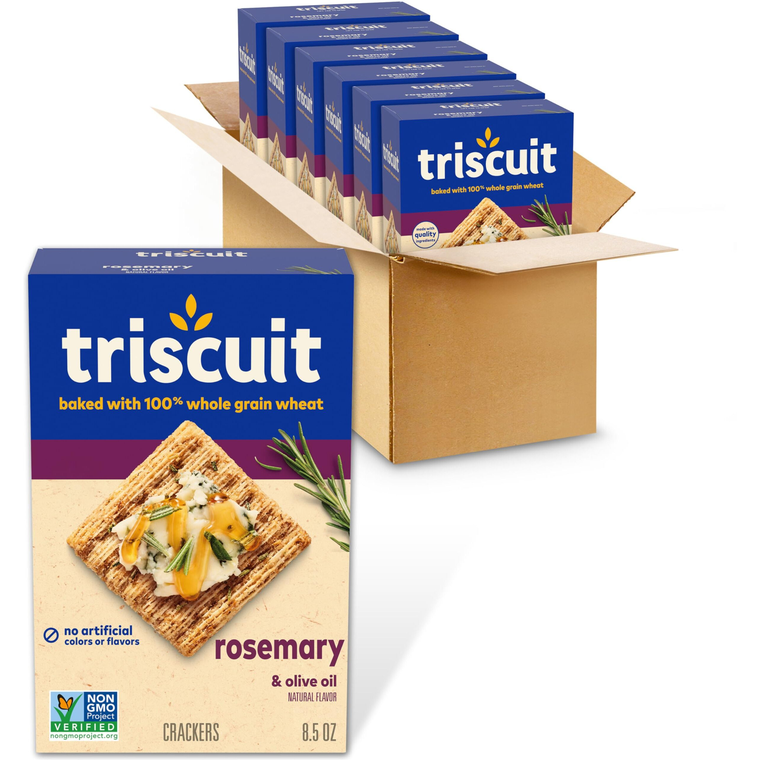 Triscuit Rosemary & Olive Oil Whole Grain Wheat Crackers, Lunch Snacks, Bulk Snack Crackers, 6 - 8.5 Oz Boxes
