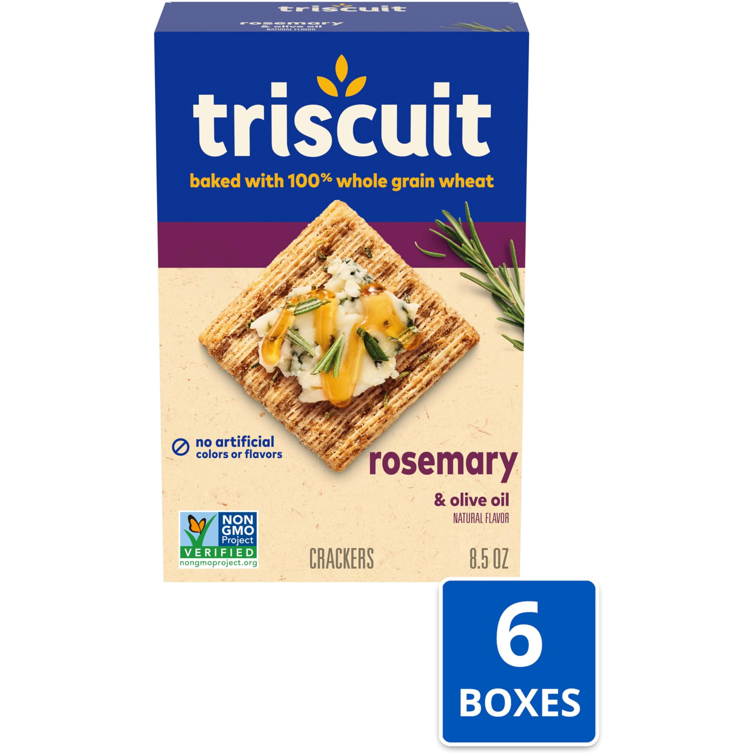 Triscuit Rosemary & Olive Oil Whole Grain Wheat Crackers, Lunch Snacks, Bulk Snack Crackers, 6 - 8.5 Oz Boxes