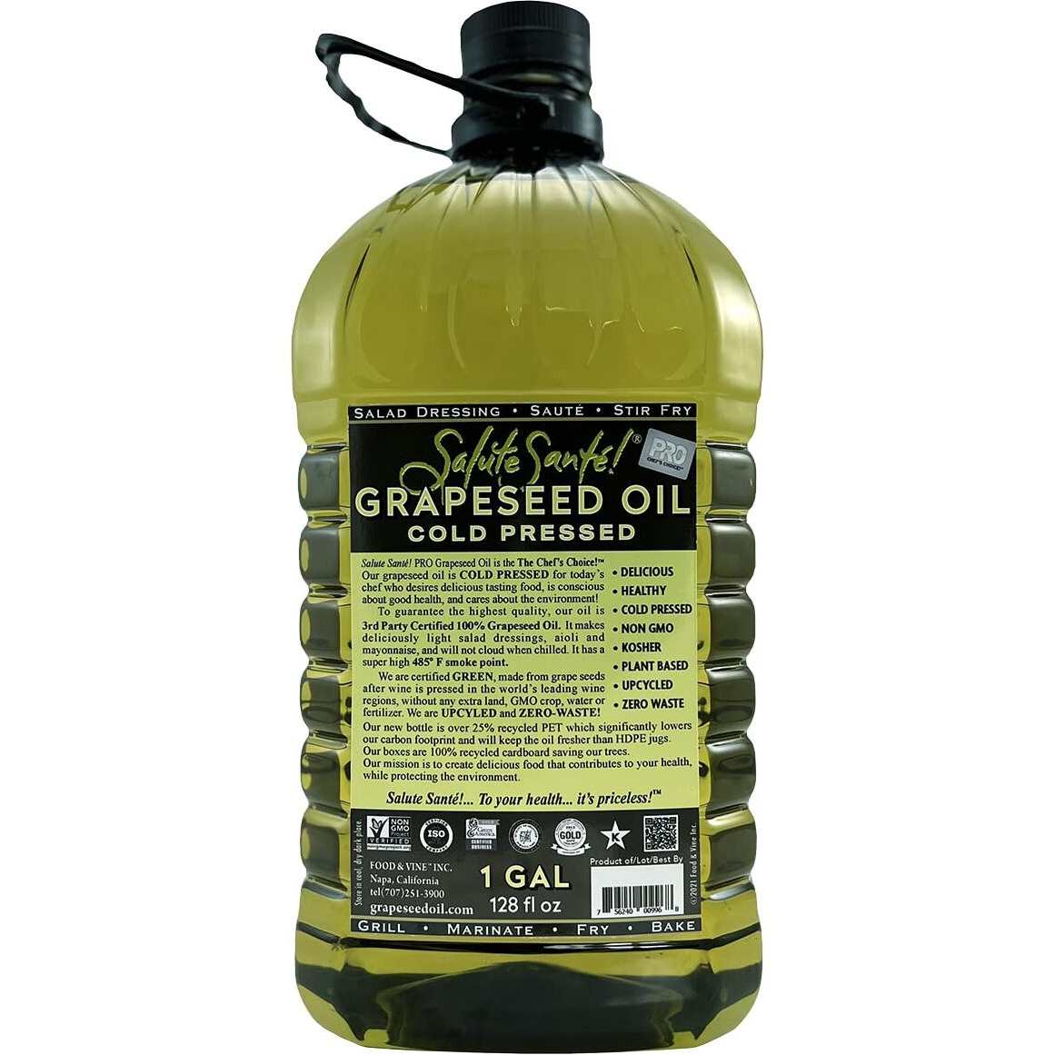 Cold Pressed Grapeseed Oil By Salute Sante High Temperature Cooking, Healthy Grape Seed Oil, Non-Gmo And Kosher For Salad Dressings, Marinades And Dips, Vegan, 1 Gallon