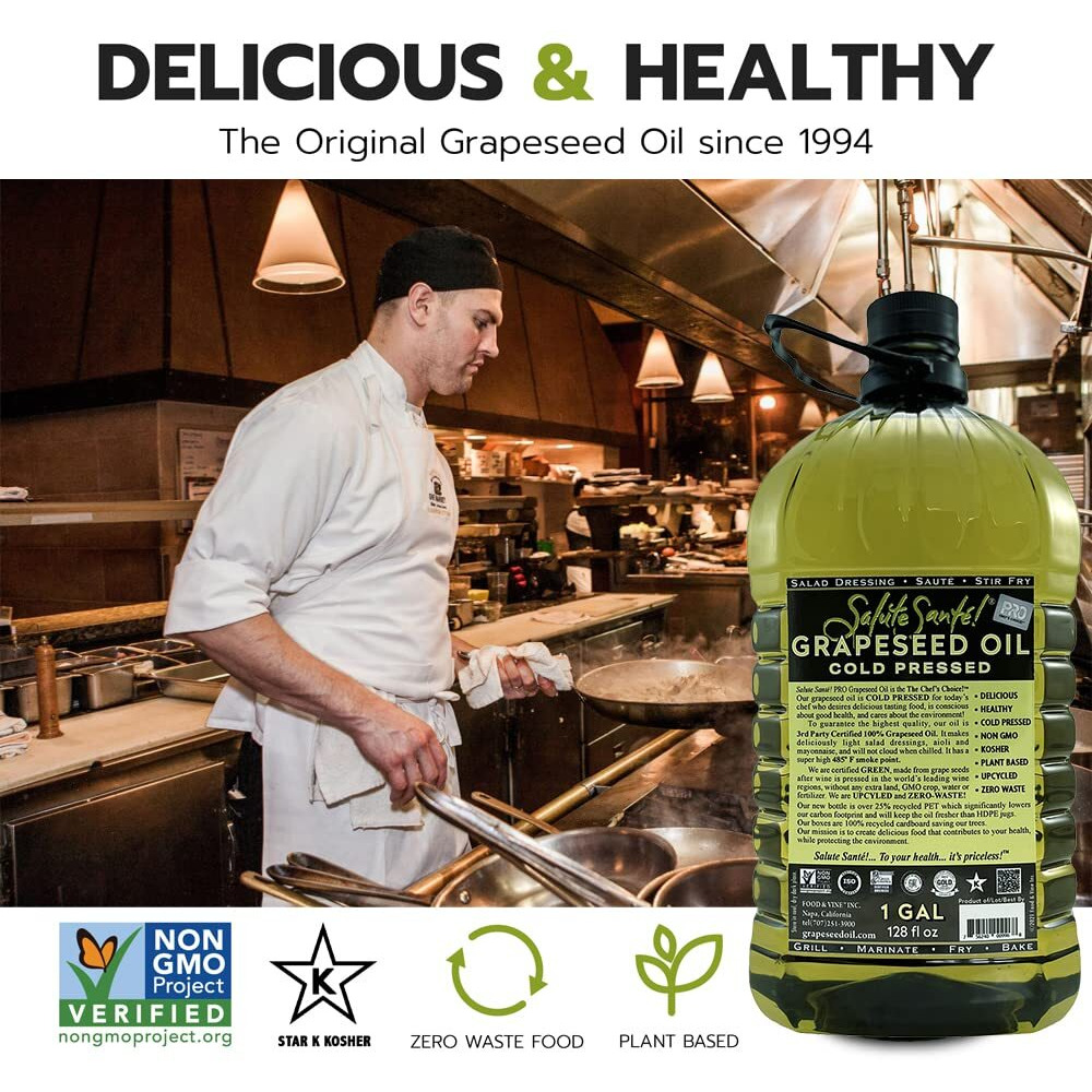 Cold Pressed Grapeseed Oil By Salute Sante High Temperature Cooking, Healthy Grape Seed Oil, Non-Gmo And Kosher For Salad Dressings, Marinades And Dips, Vegan, 1 Gallon