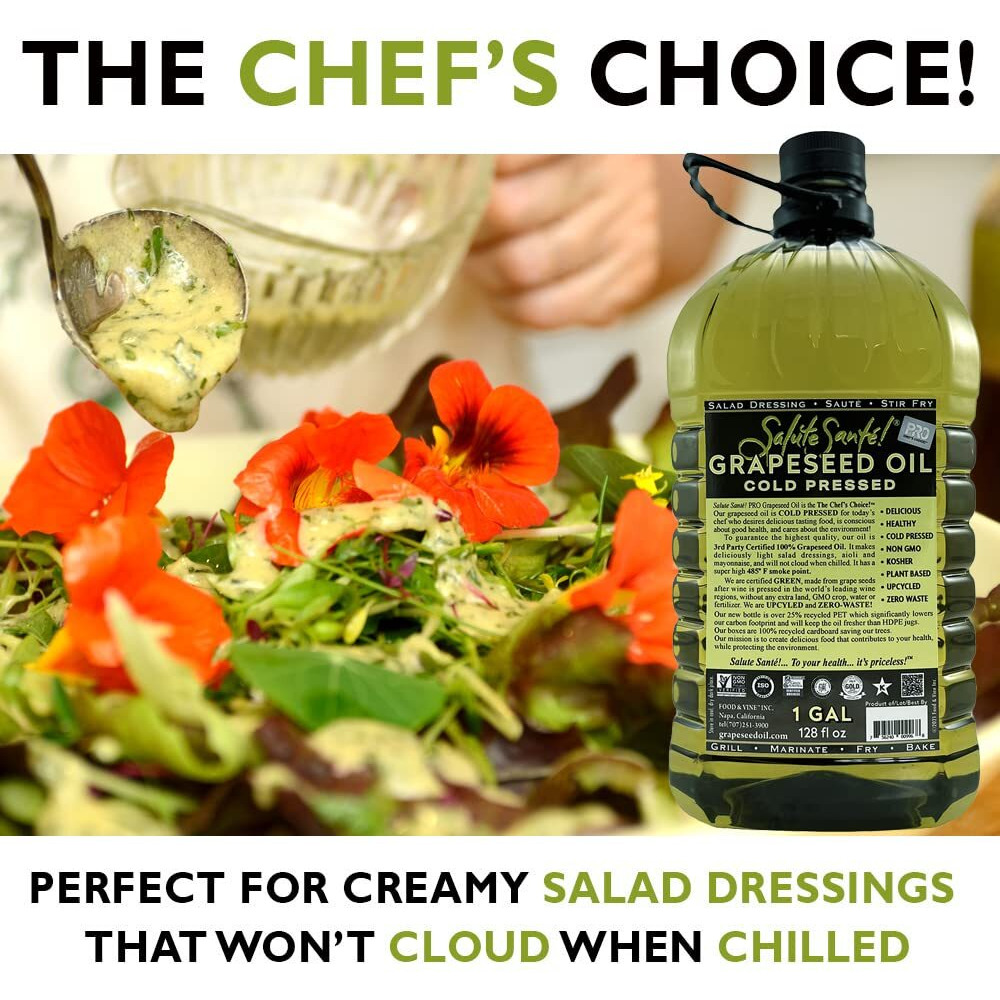 Cold Pressed Grapeseed Oil By Salute Sante High Temperature Cooking, Healthy Grape Seed Oil, Non-Gmo And Kosher For Salad Dressings, Marinades And Dips, Vegan, 1 Gallon