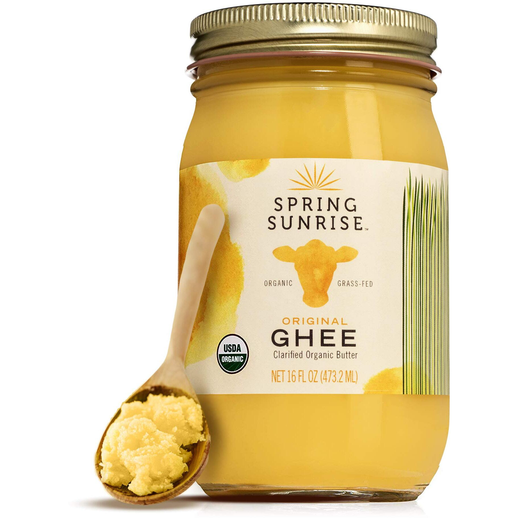 Spring Sunrise Organic Grass Fed Ghee Butter - Usda Certified Organic Clarified Butter - Paleo, Keto Friendly, Non-Gmo, Gluten, & Casein Free Cooking Oil - Sustainably Sourced (16Oz Jar)