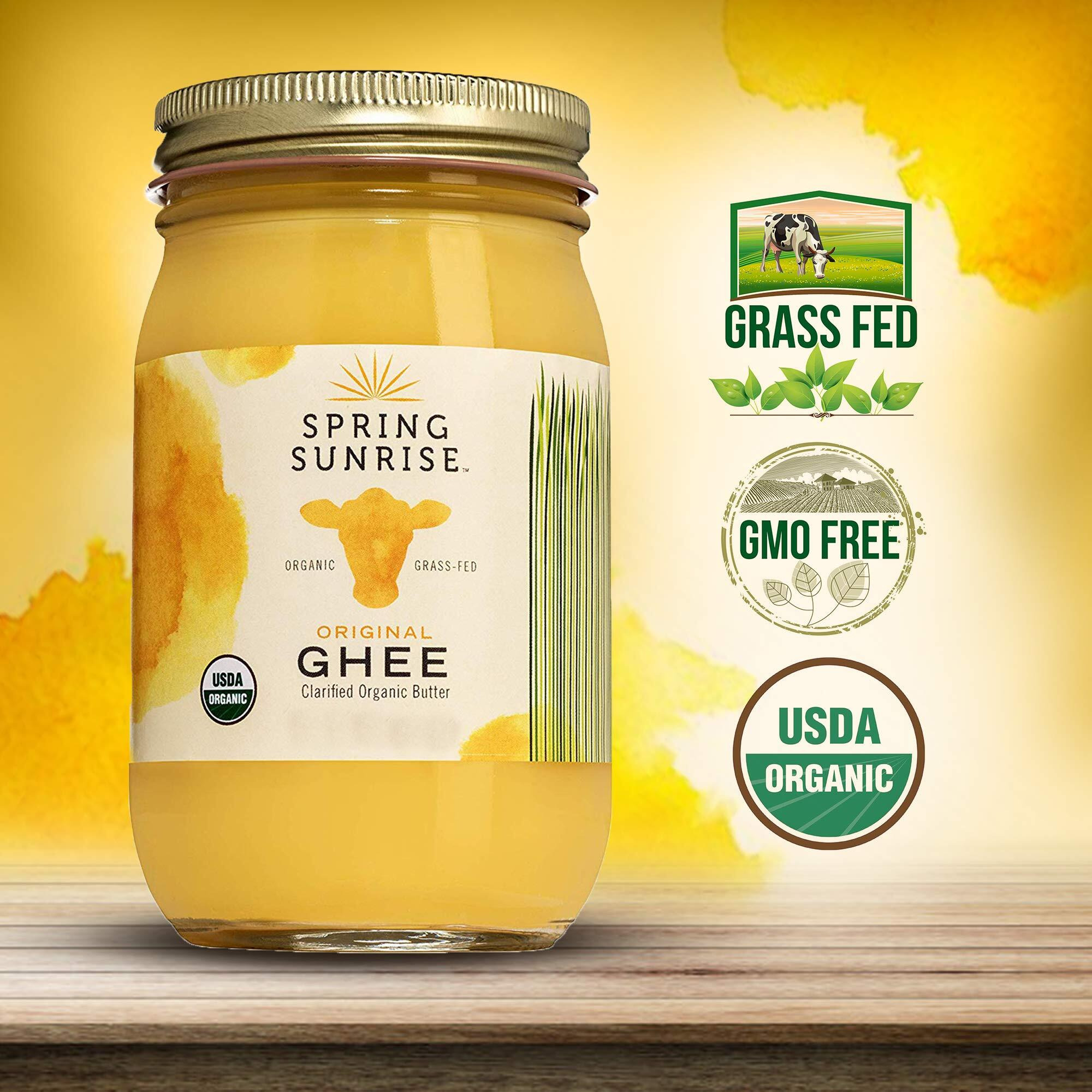 Spring Sunrise Organic Grass Fed Ghee Butter - Usda Certified Organic Clarified Butter - Paleo, Keto Friendly, Non-Gmo, Gluten, & Casein Free Cooking Oil - Sustainably Sourced (16Oz Jar)