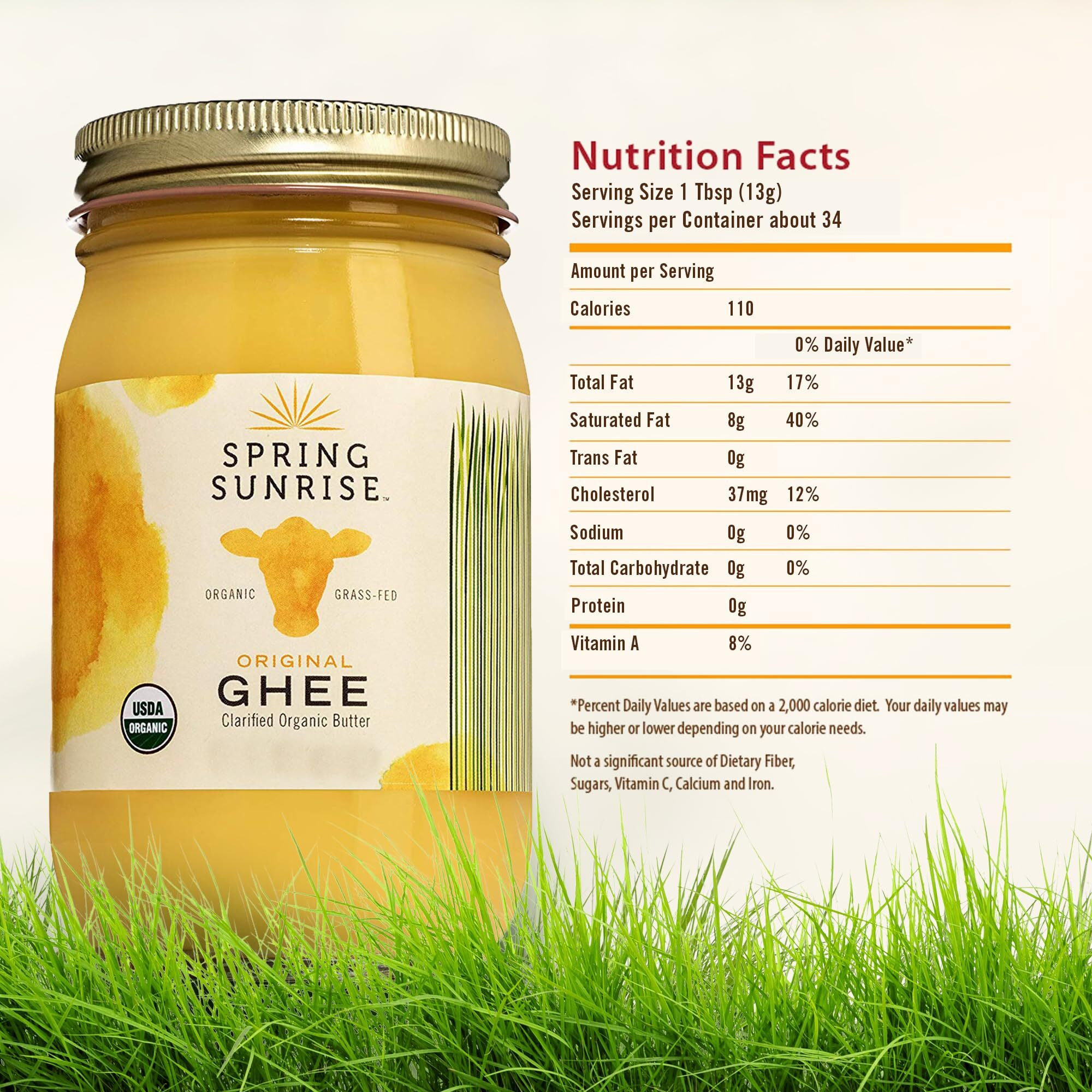 Spring Sunrise Organic Grass Fed Ghee Butter - Usda Certified Organic Clarified Butter - Paleo, Keto Friendly, Non-Gmo, Gluten, & Casein Free Cooking Oil - Sustainably Sourced (16Oz Jar)