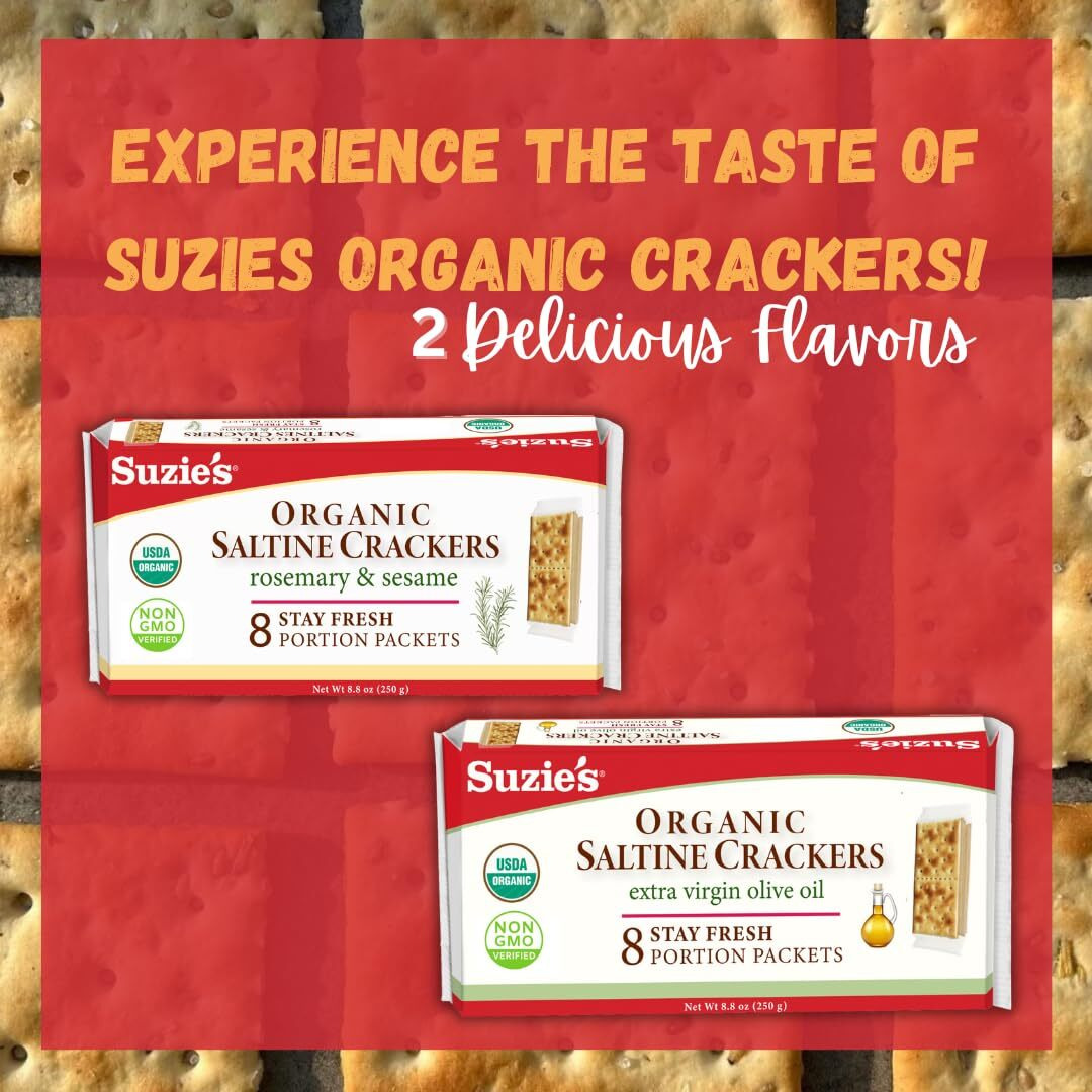 Suzie's Organic Saltines Crackers|Salted W/Extra Virgin Olive Oil|Low Saturated Fat|Healthy Gourmet Baked Vegan Snack For Adults & Children| 6 Packs (48 Individual Stay Fresh Packs) - 8.8Oz Each