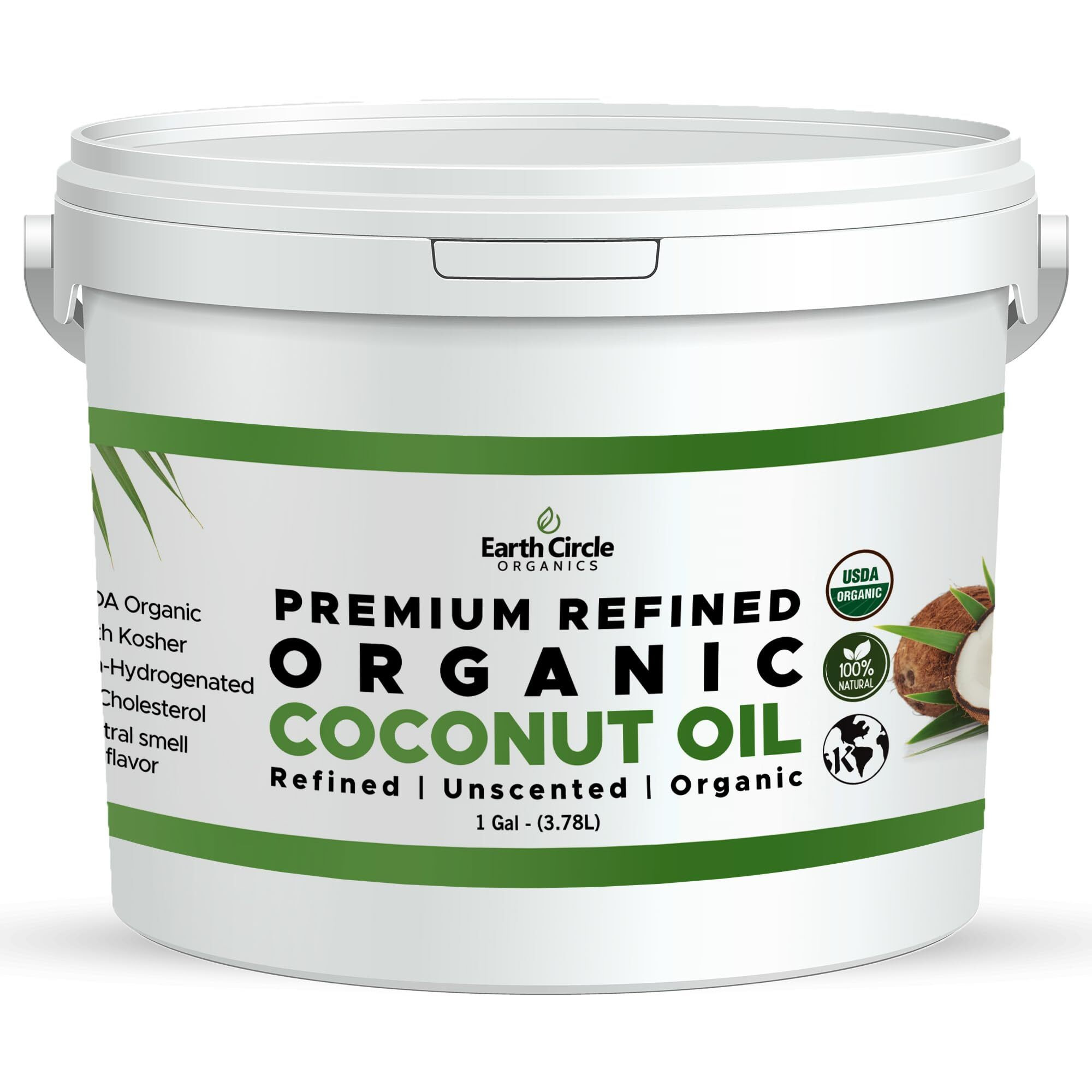 Earth Circle Organics Refined Coconut Oil - Ultra Premium Steam Refined, Keto & Paleo Friendly, Zero Coconut Taste Or Smell - For Skin & Hair Care, Cooking, Deep Frying, Baking & More - Bulk 1 Gallon