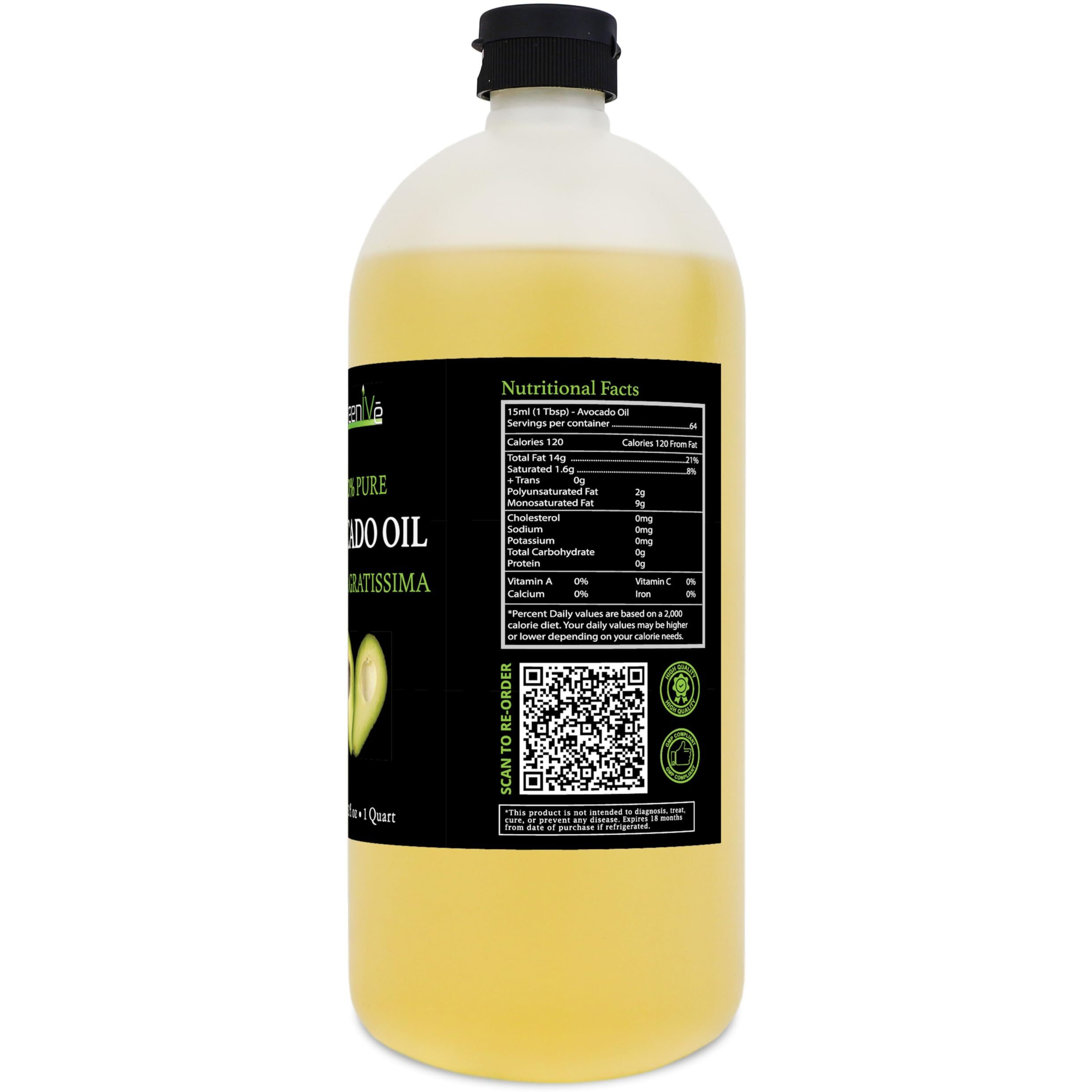 Greenive Avocado Oil Naturally Grown 100% Pure Natural Without Additives, Clean, Cold Pressed, Non-Gmo, Vegan For Cooking, Frying, Baking And For Sauces, Dressings, Marinades, Salads (32 Ounce)