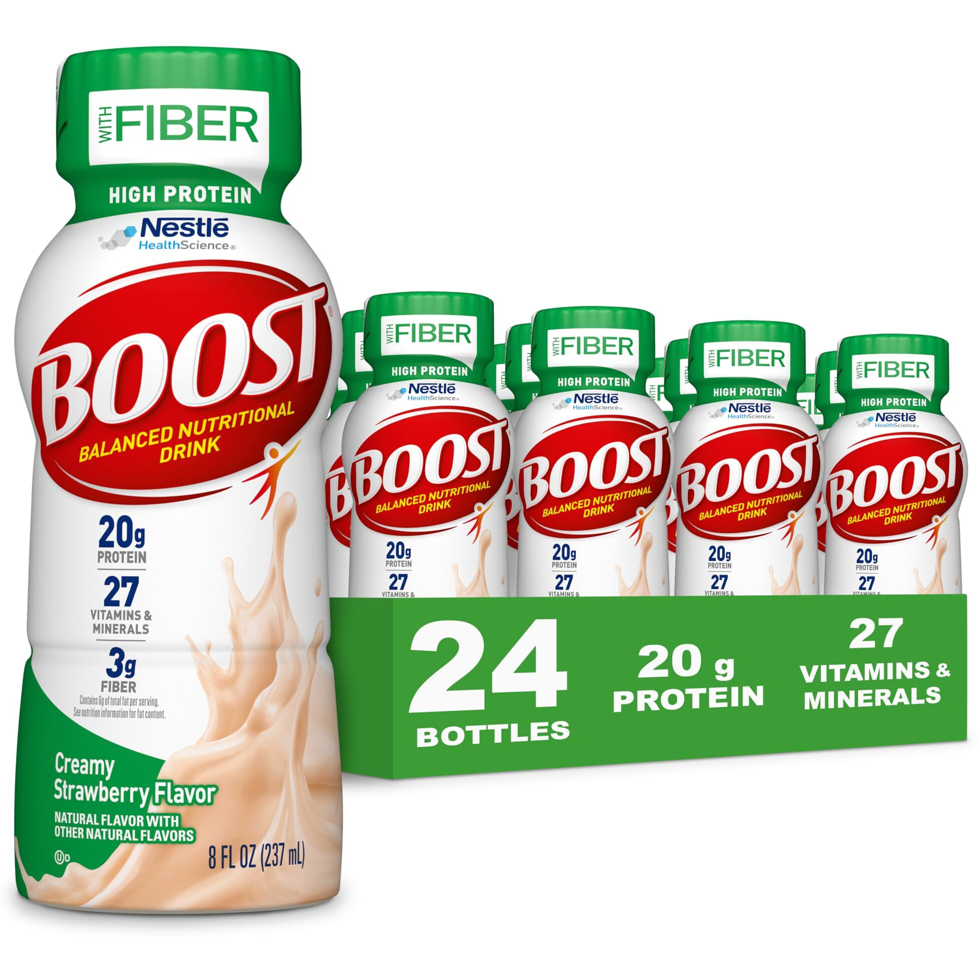 Boost High Protein With Fiber Ready To Drink Complete Nutritional Drink, Creamy Strawberry, 8 Fl Oz Bottle, 24 Pack