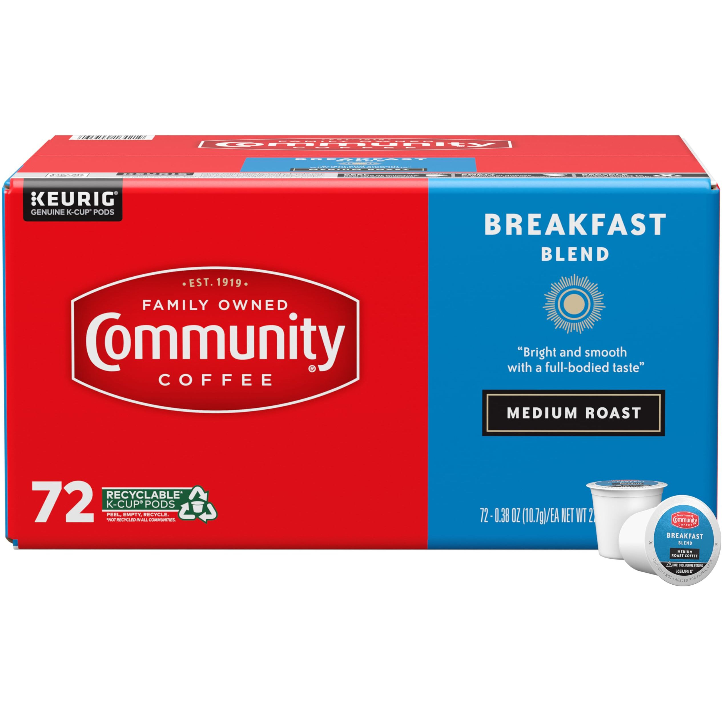 Community Coffee Breakfast Blend, Medium Roast, Single-Serve Keurig K-Cup Pods, 72 Count (Pack Of 1)