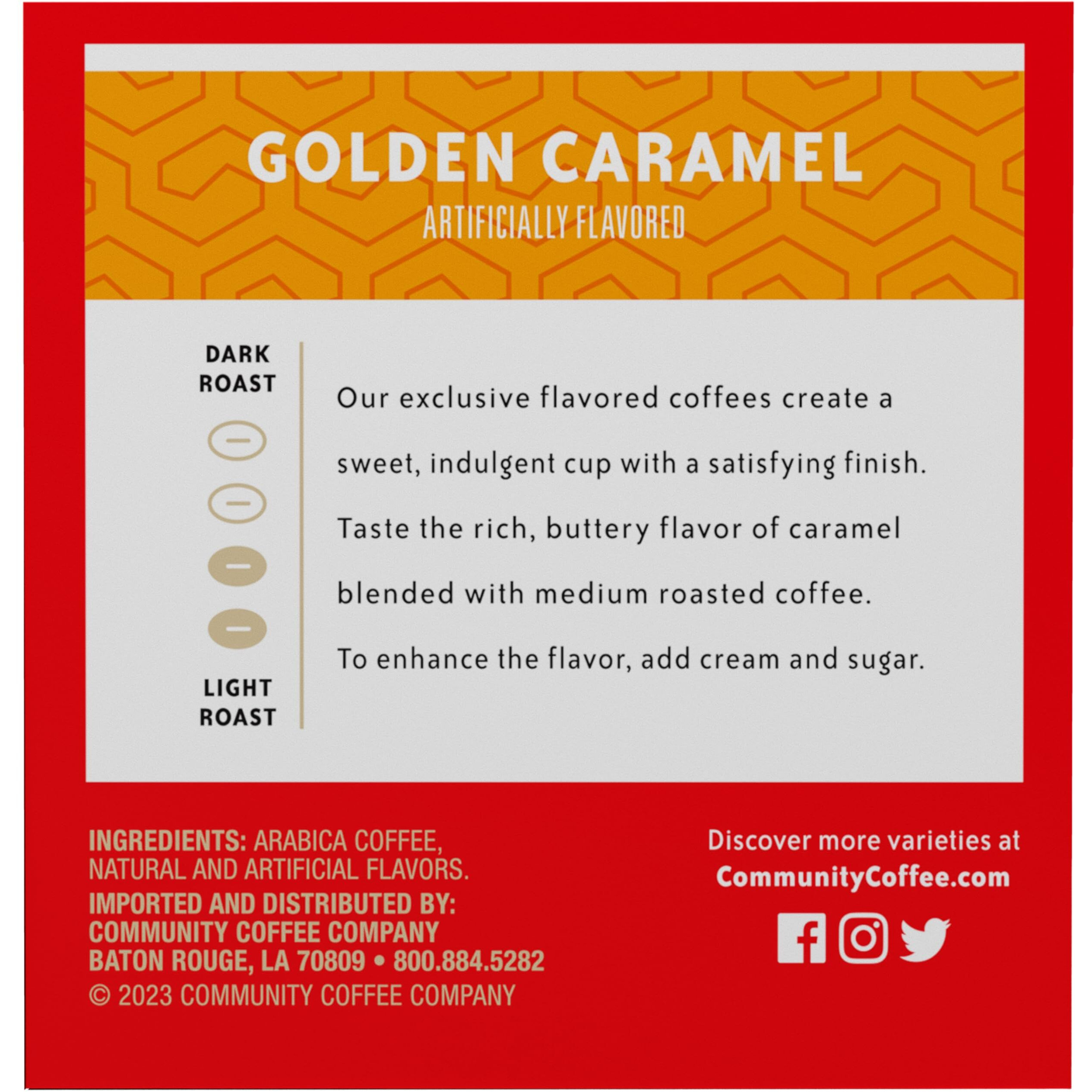 Community Coffee Golden Caramel Flavored Medium Roast Single Serve 12 Ct Box, Compatible With Keurig 2.0 K Cup Brewers, Medium Full Body Rich Creamy Taste, 100% Arabica Coffee Beans