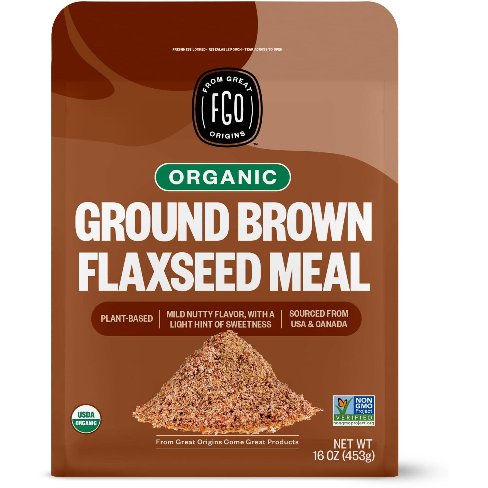 Fgo Organic Ground Brown Flaxseed Meal, 1 Pound / 16Oz Cold Milled Powder In Resealable Pouch, For Baking & Smoothies, Grown In Usa & Canada (Pack Of 1)