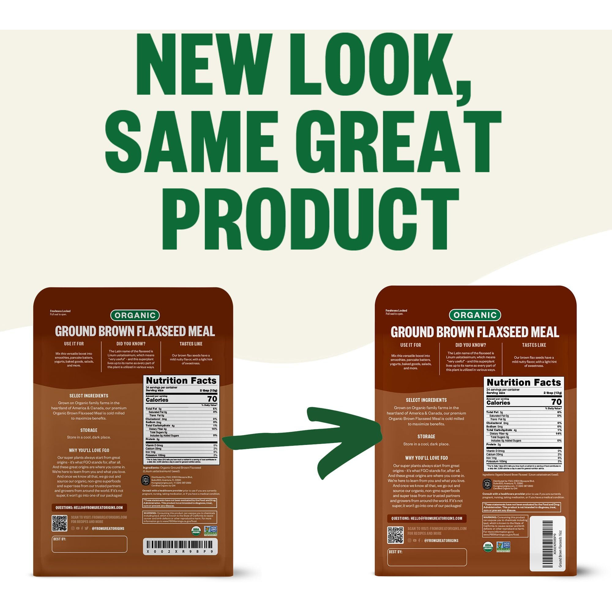 Fgo Organic Ground Brown Flaxseed Meal, 1 Pound / 16Oz Cold Milled Powder In Resealable Pouch, For Baking & Smoothies, Grown In Usa & Canada (Pack Of 1)