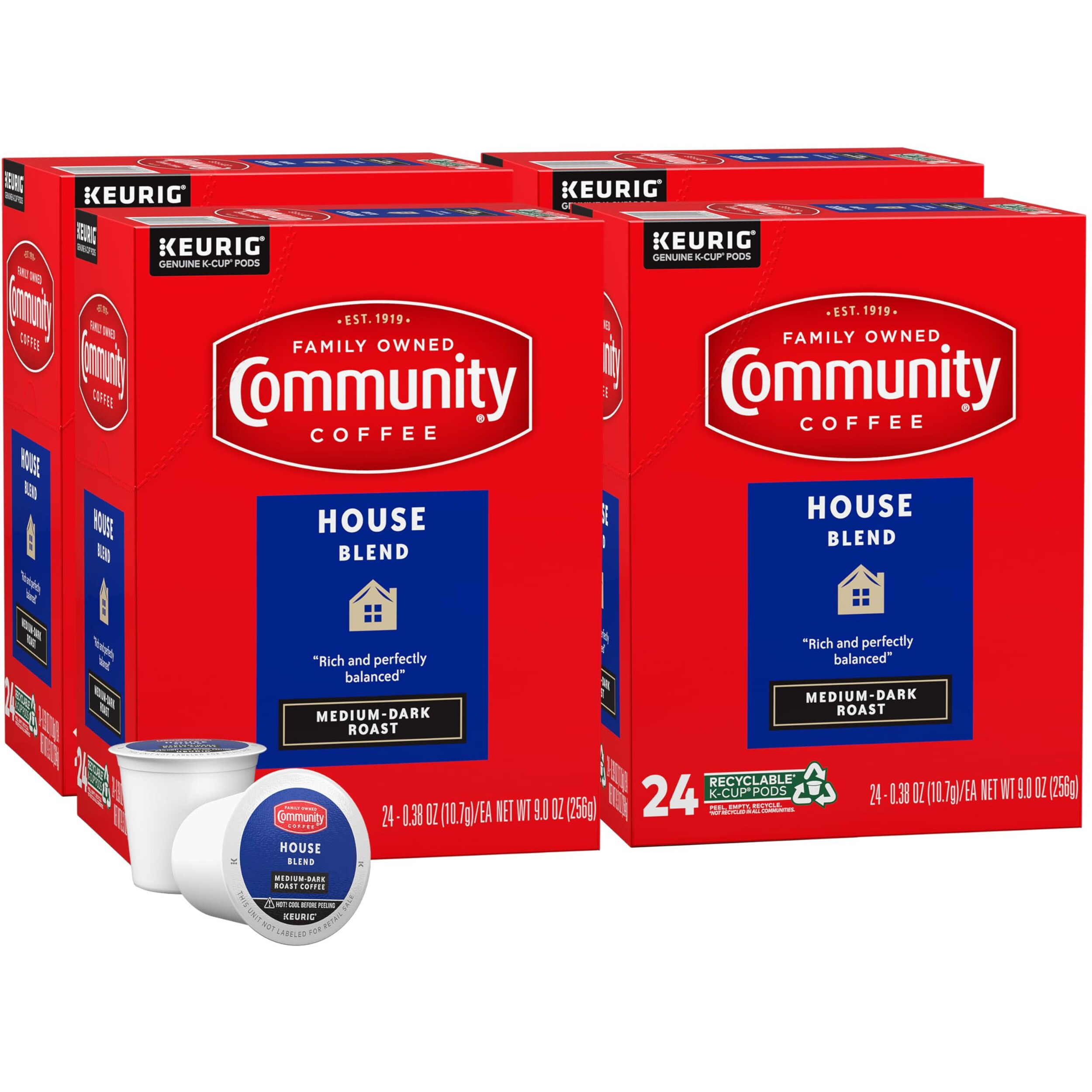Community Coffee House Blend 96 Count Coffee Pods, Medium Dark Roast, Compatible With Keurig 2.0 K-Cup Brewers, 24 Count (Pack Of 4)