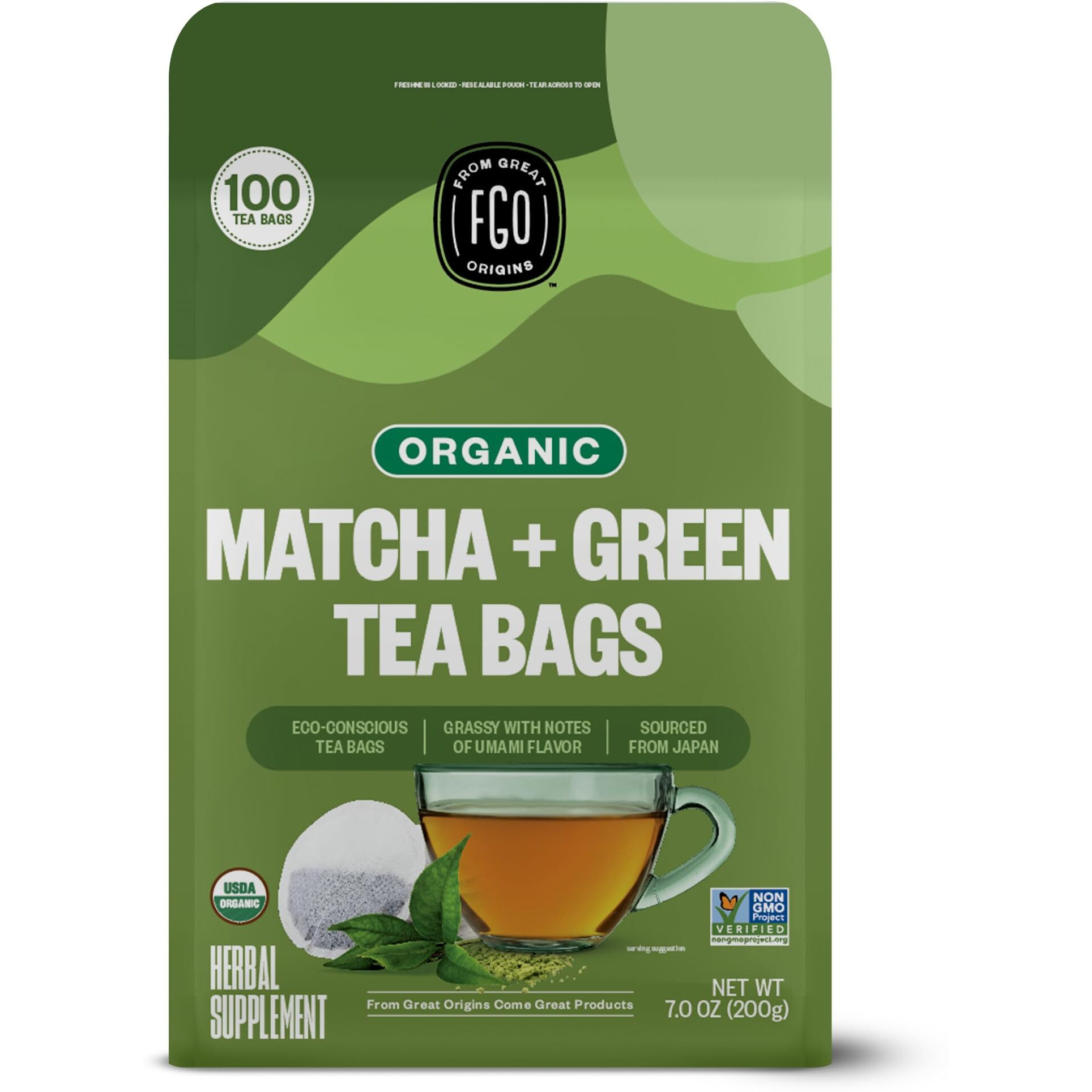 Fgo Organic Japanese Matcha + Green Tea, 100 Count, Eco-Conscious Tea Bags, Resealable Bag, Packaging May Vary (Pack Of 1)