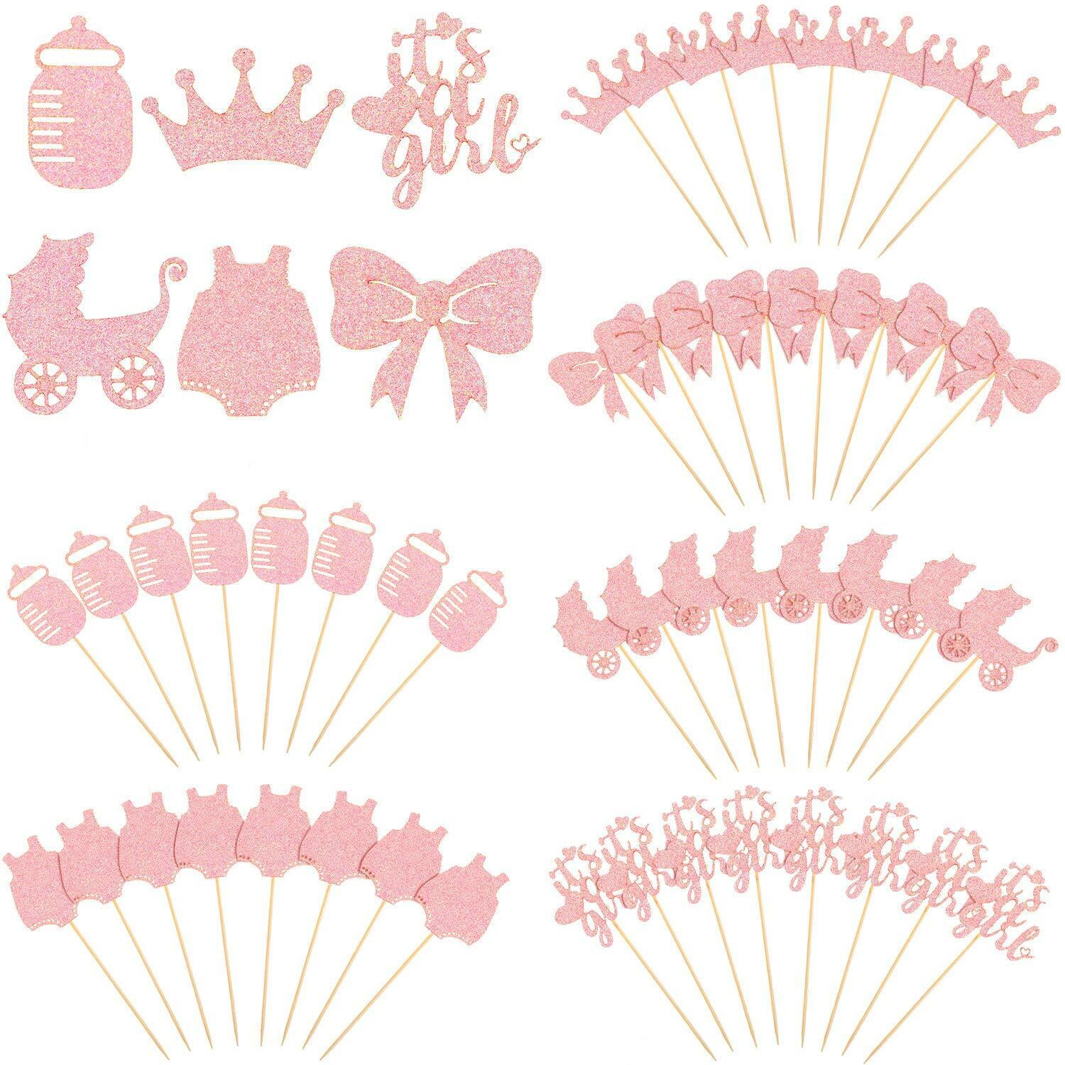 48 Pieces Baby Shower Cupcake Toppers For Girls Glitter Pink Baby Girl Food Picks Baby Shower Toothpicks For Girls Birthday Cake Decorations Party Favors Supplies