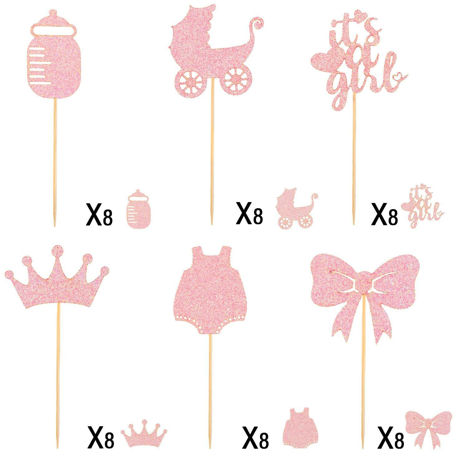 48 Pieces Baby Shower Cupcake Toppers For Girls Glitter Pink Baby Girl Food Picks Baby Shower Toothpicks For Girls Birthday Cake Decorations Party Favors Supplies