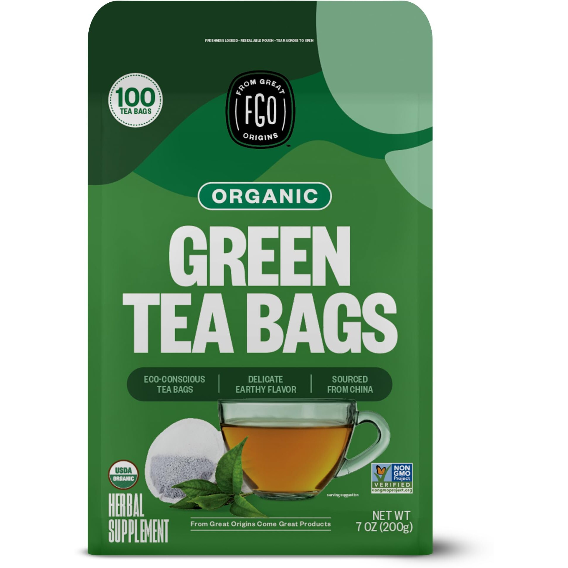 Fgo Organic Green Tea, 100 Count Eco-Conscious Tea Bags, Caffeinated, Resealable Pouch, Packaging May Vary (Pack Of 1)
