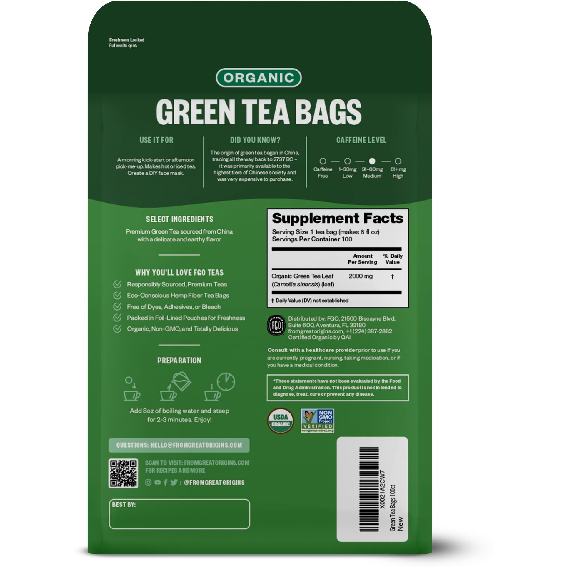 Fgo Organic Green Tea, 100 Count Eco-Conscious Tea Bags, Caffeinated, Resealable Pouch, Packaging May Vary (Pack Of 1)