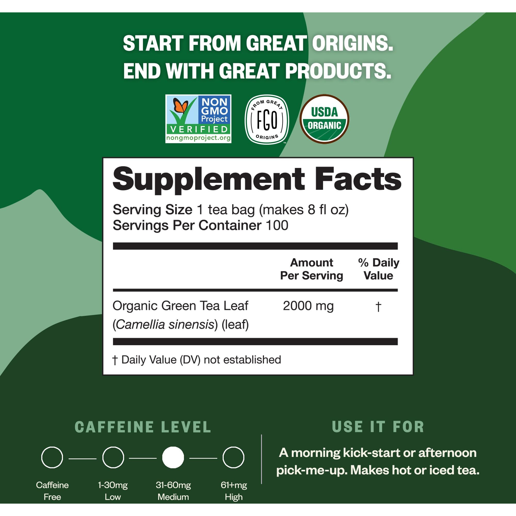 Fgo Organic Green Tea, 100 Count Eco-Conscious Tea Bags, Caffeinated, Resealable Pouch, Packaging May Vary (Pack Of 1)