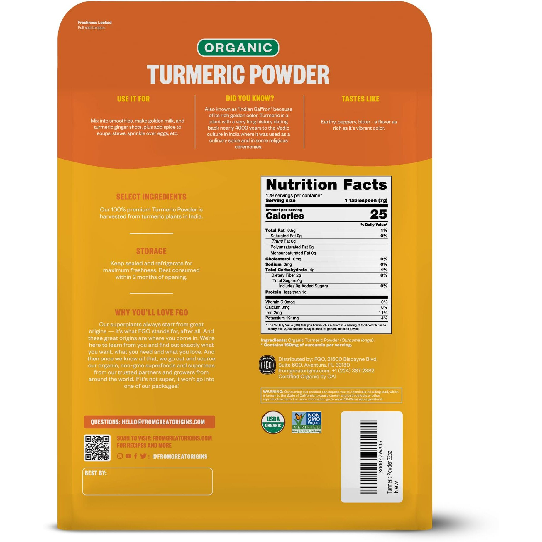 Fgo Organic Turmeric Powder W/Curcumin, 2 Pound / 32Oz Bulk Resealable Pouch, Usda Organic And Non-Gmo, Sourced From India, Packaging May Vary (Pack Of 1)