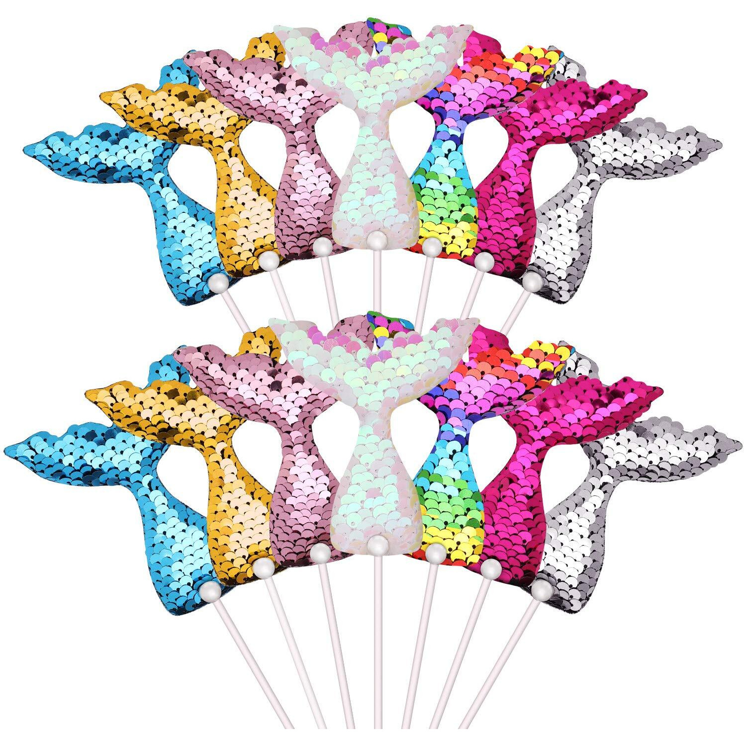 14 Pieces Mermaid Tail Cupcake Toppers Little Reversible Sequin Cupcake Picks Under The Sea Cake Decorations Birthday Toothpicks For Shower Wedding Party Favors Supplies, 7 Colors
