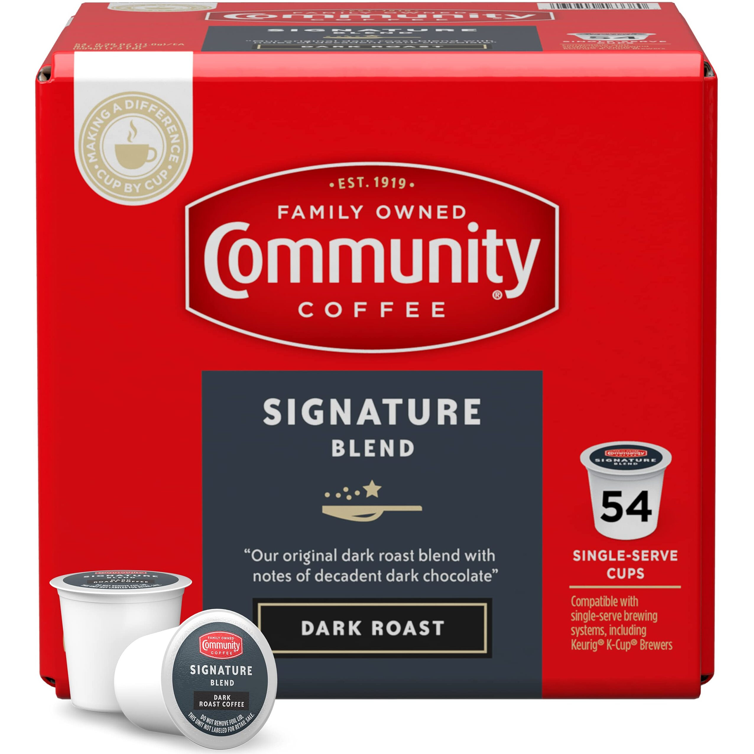 Community Coffee Signature Blend 54 Count Coffee Pods, Dark Roast, Compatible With Keurig 2.0 K-Cup Brewers, Box Of 54 Pods