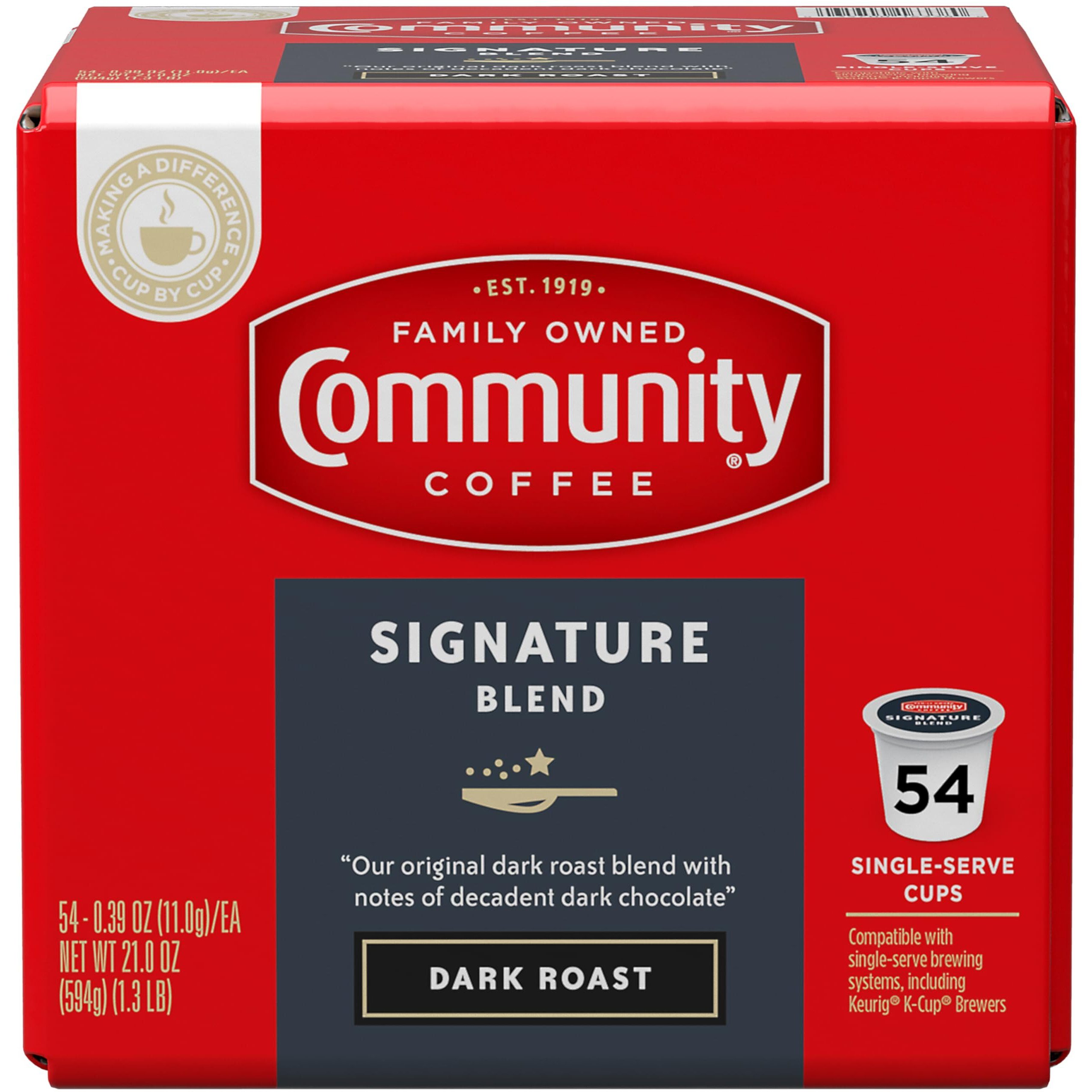 Community Coffee Signature Blend 54 Count Coffee Pods, Dark Roast, Compatible With Keurig 2.0 K-Cup Brewers, Box Of 54 Pods