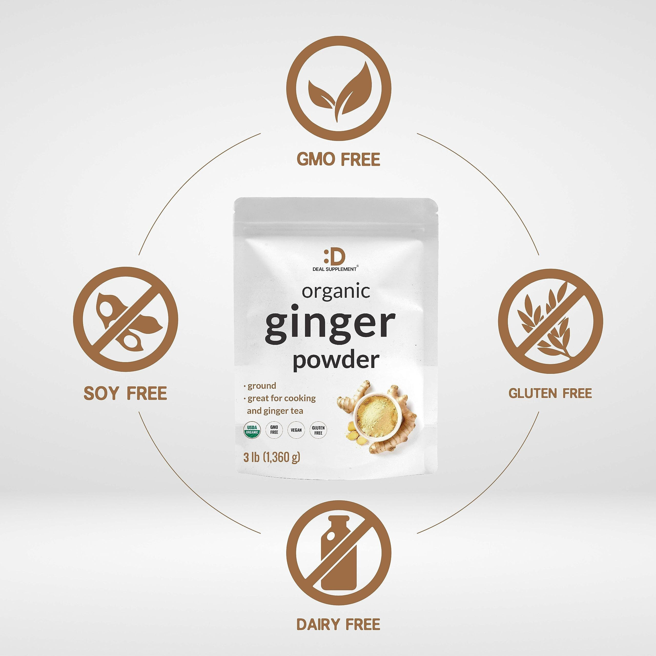 Deal Supplement Organic Fresh Ginger Powder, 3Lbs - Finely Ground For Easy Mixing, Raw Ginger Spice Flavor, Indian Origin - Great For Chews, Tea, Candy, & Juice - Non-Gmo, Filler Free