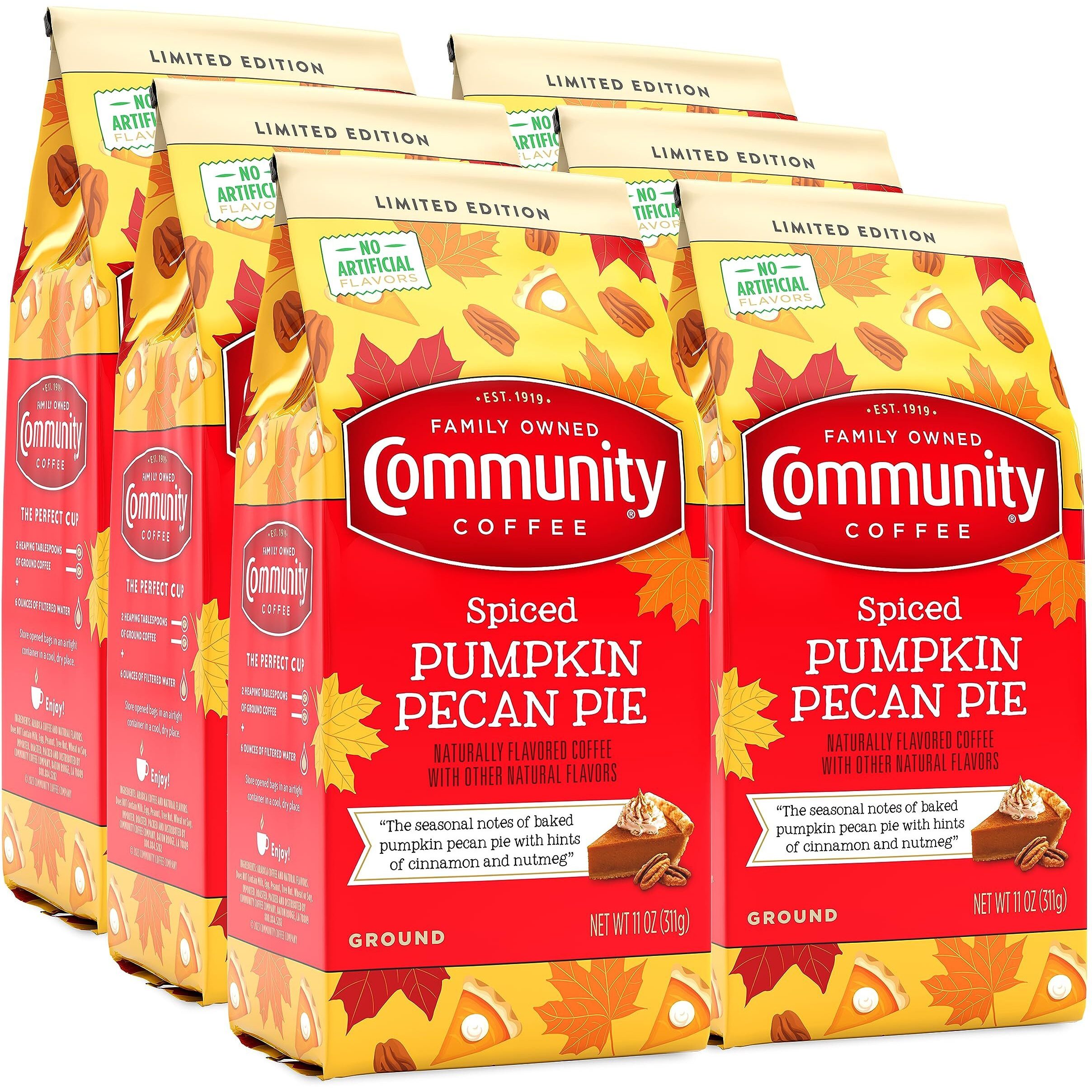 Community Coffee Spiced Pumpkin Pecan Pie Flavored Ground Coffee, Medium Roast, 11 Oz Bag (Pack Of 6)